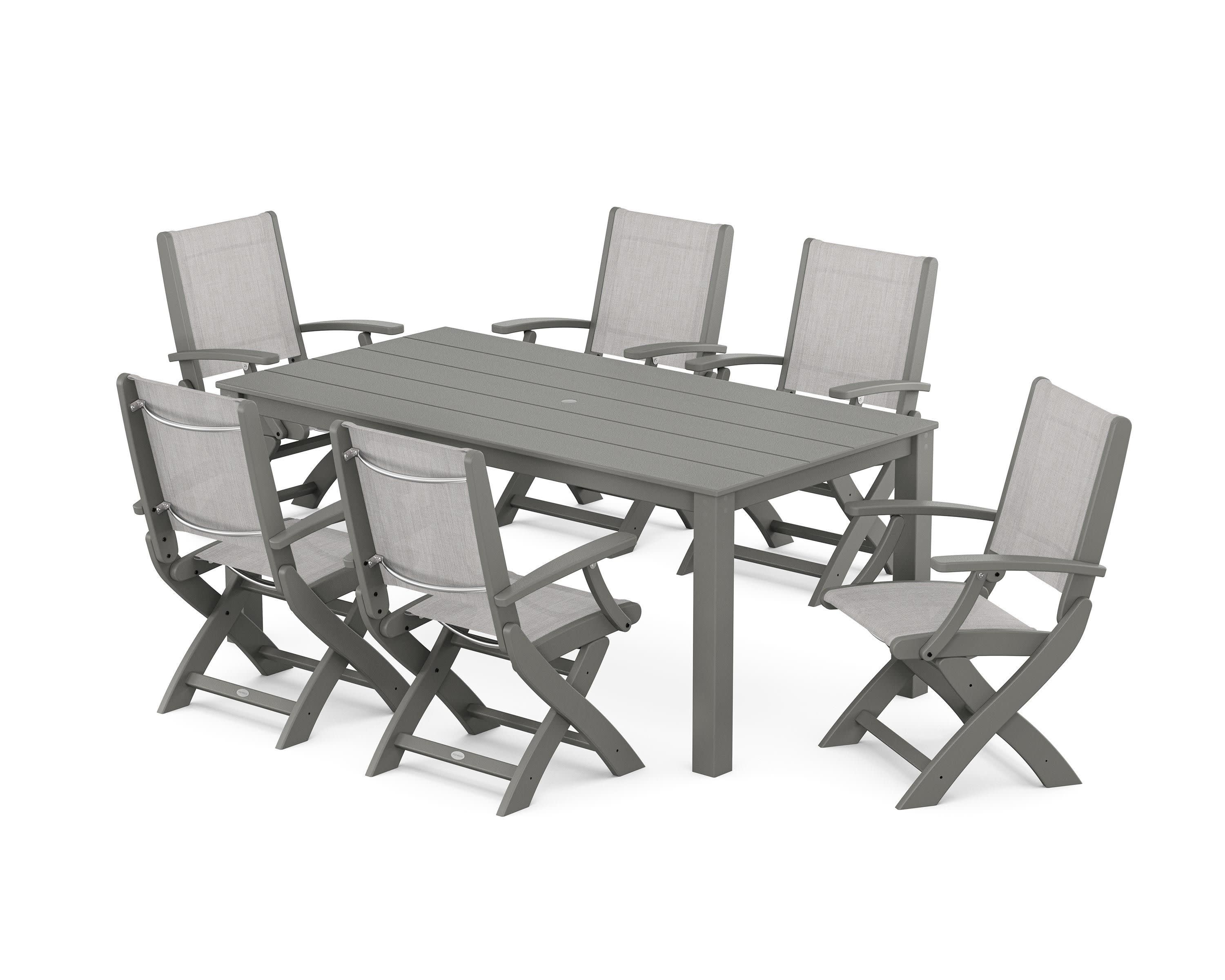Coastal Folding Chair 7-Piece Parsons Dining Set in Green / Dupioni Aquamarine Sling