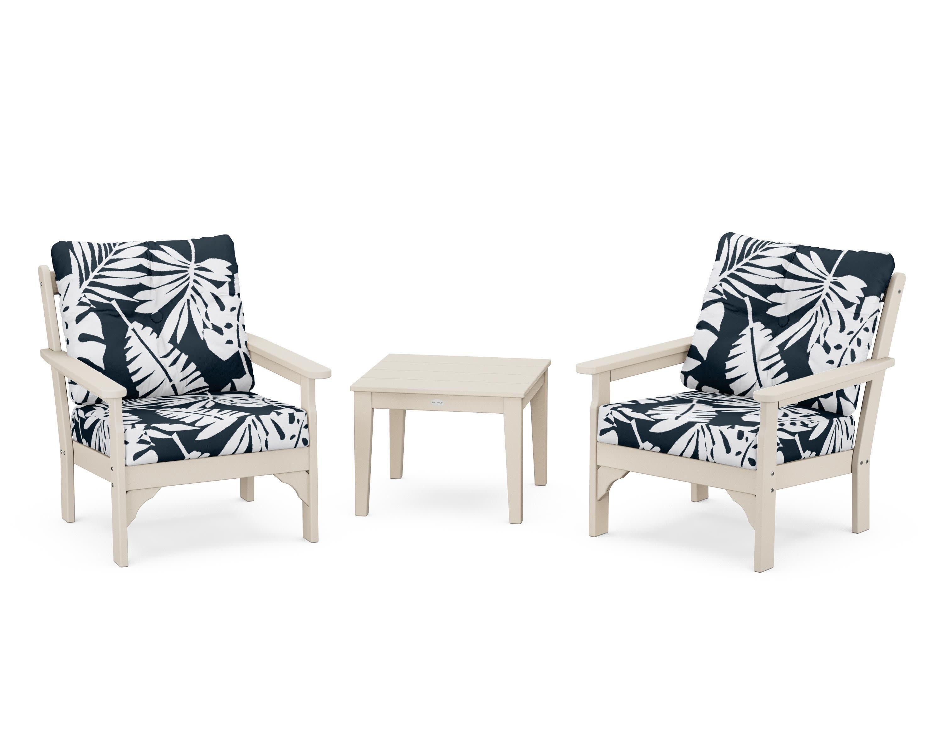 Vineyard 3-Piece Deep Seating Set in Sand / Leaf Marine Indigo
