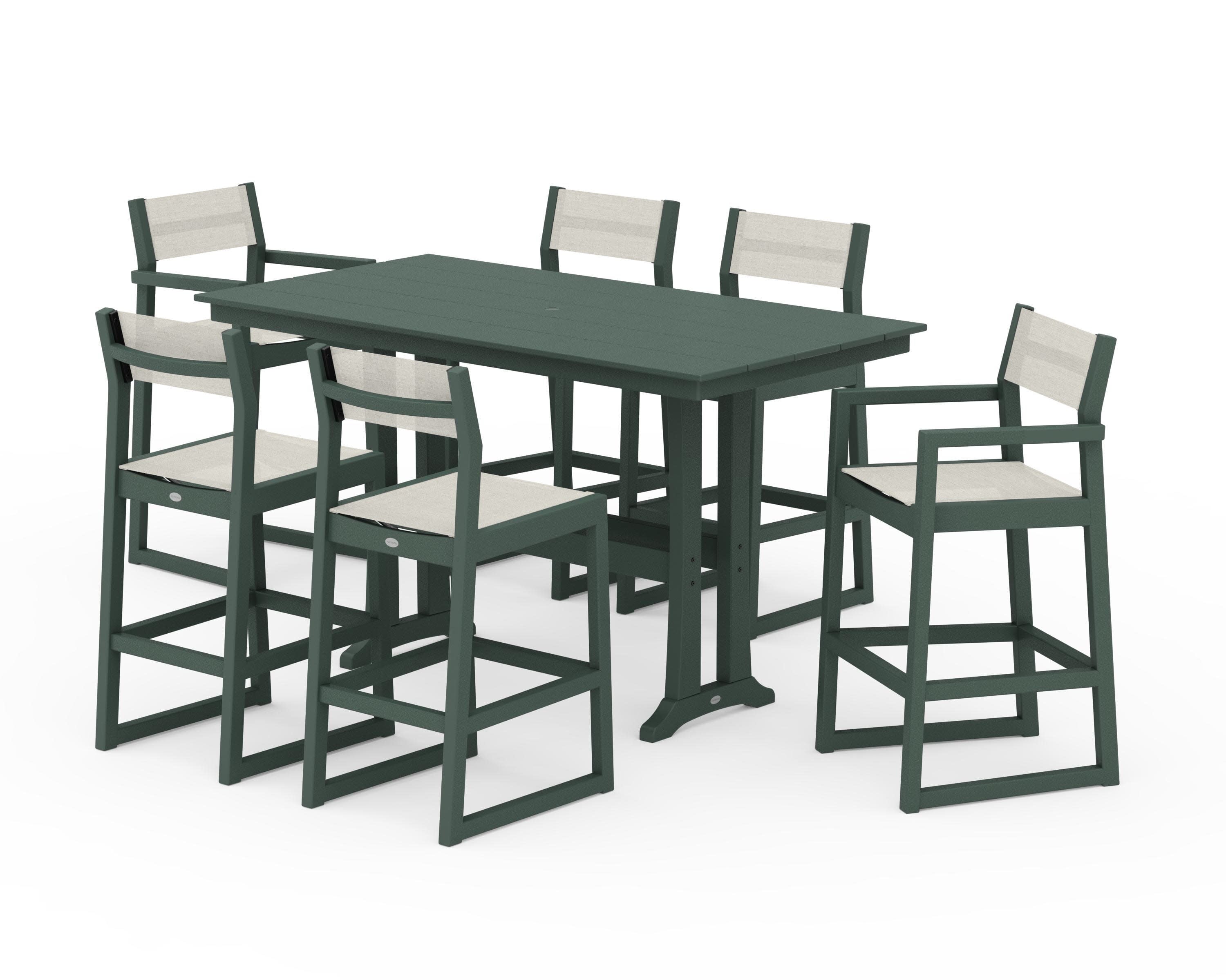 EDGE Sling 7-Piece Farmhouse Bar Set with Trestle Legs in Green / Parchment Sling