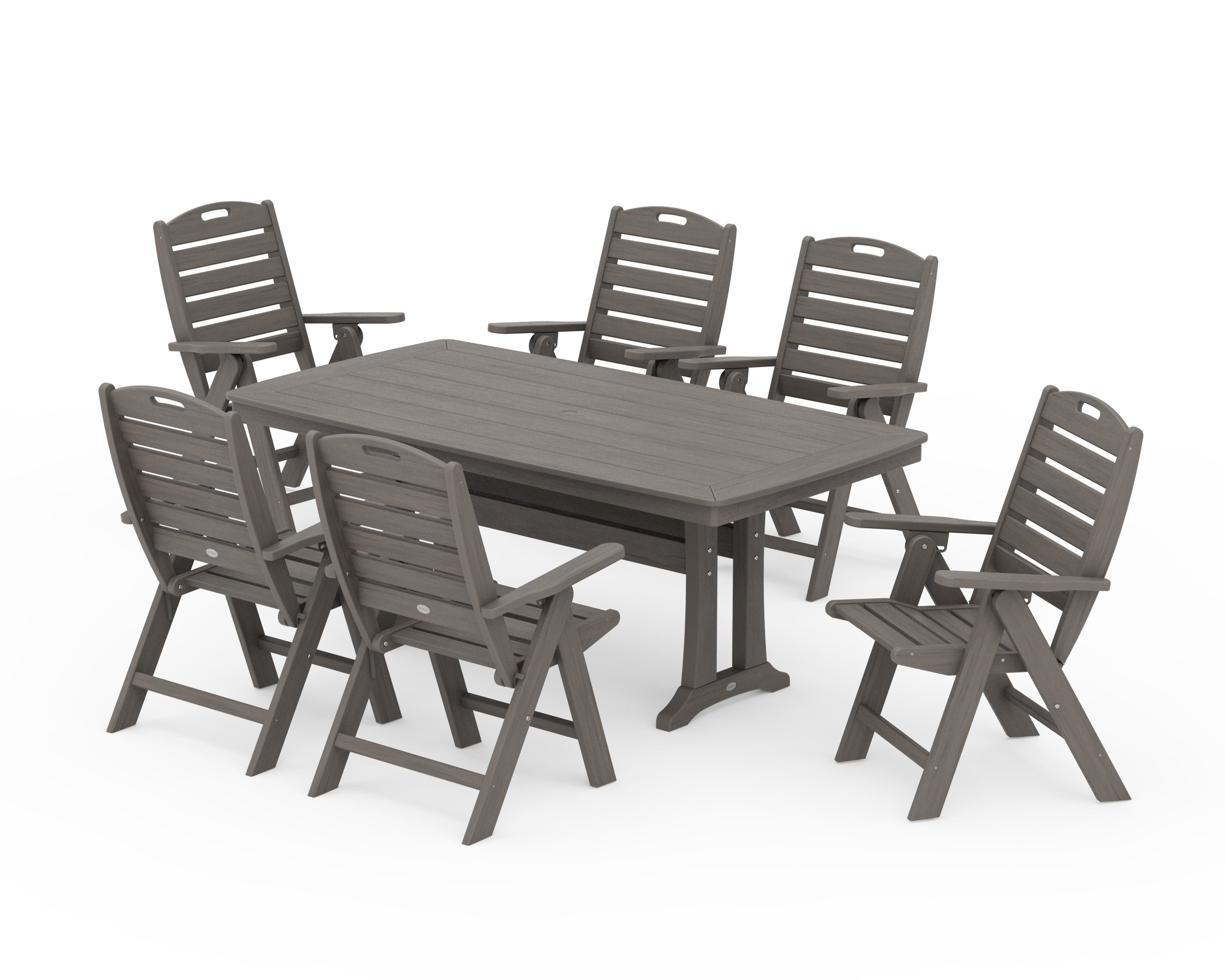 Nautical Folding Highback Chair 7-Piece Dining Set with Trestle Legs in Driftwood