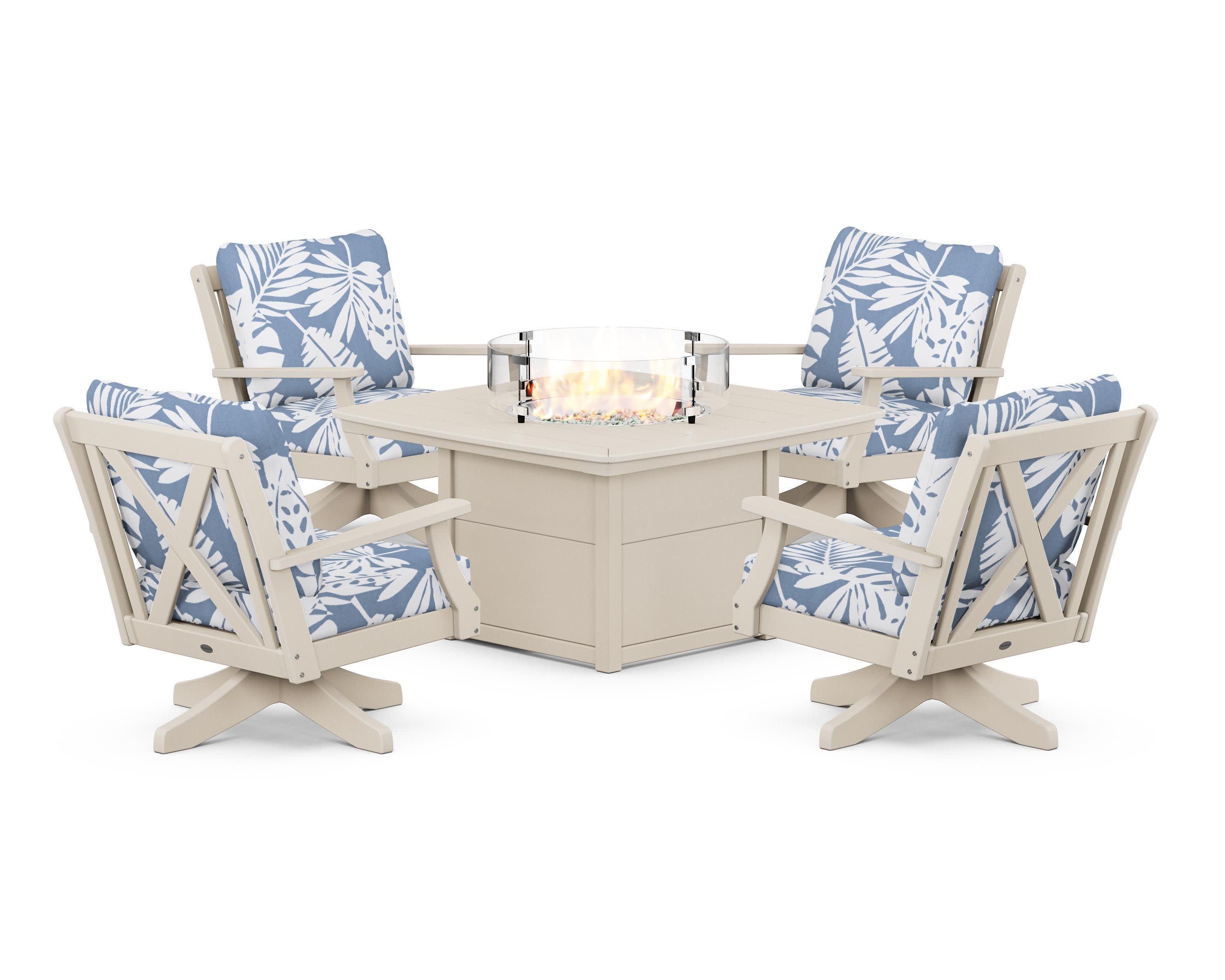 Braxton 5-Piece Deep Seating Swivel Conversation Set with Fire Pit Table in Sand / Leaf Sky Blue