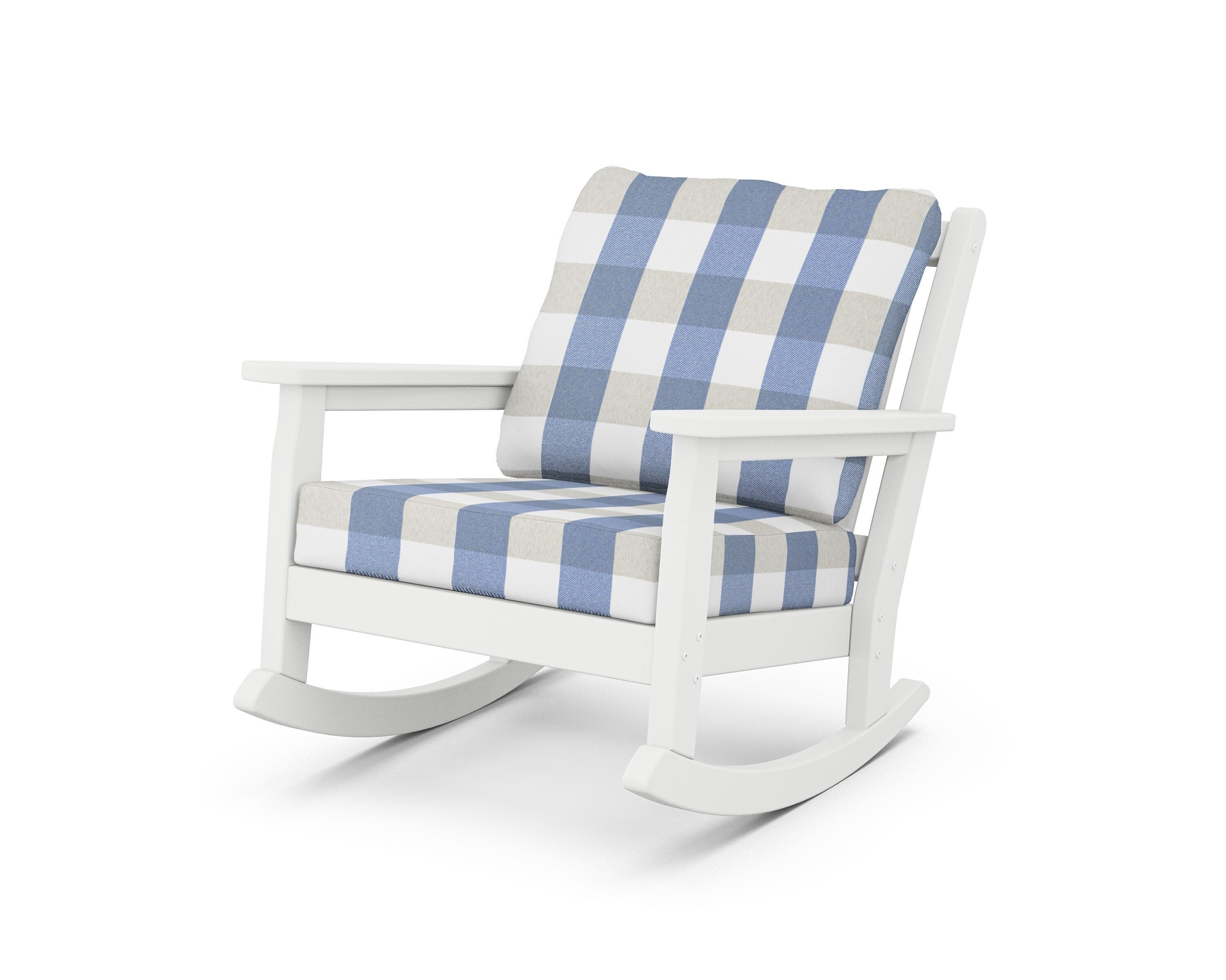 Chippendale Deep Seating Rocking Chair in White / Buffalo Plaid Sky Blue