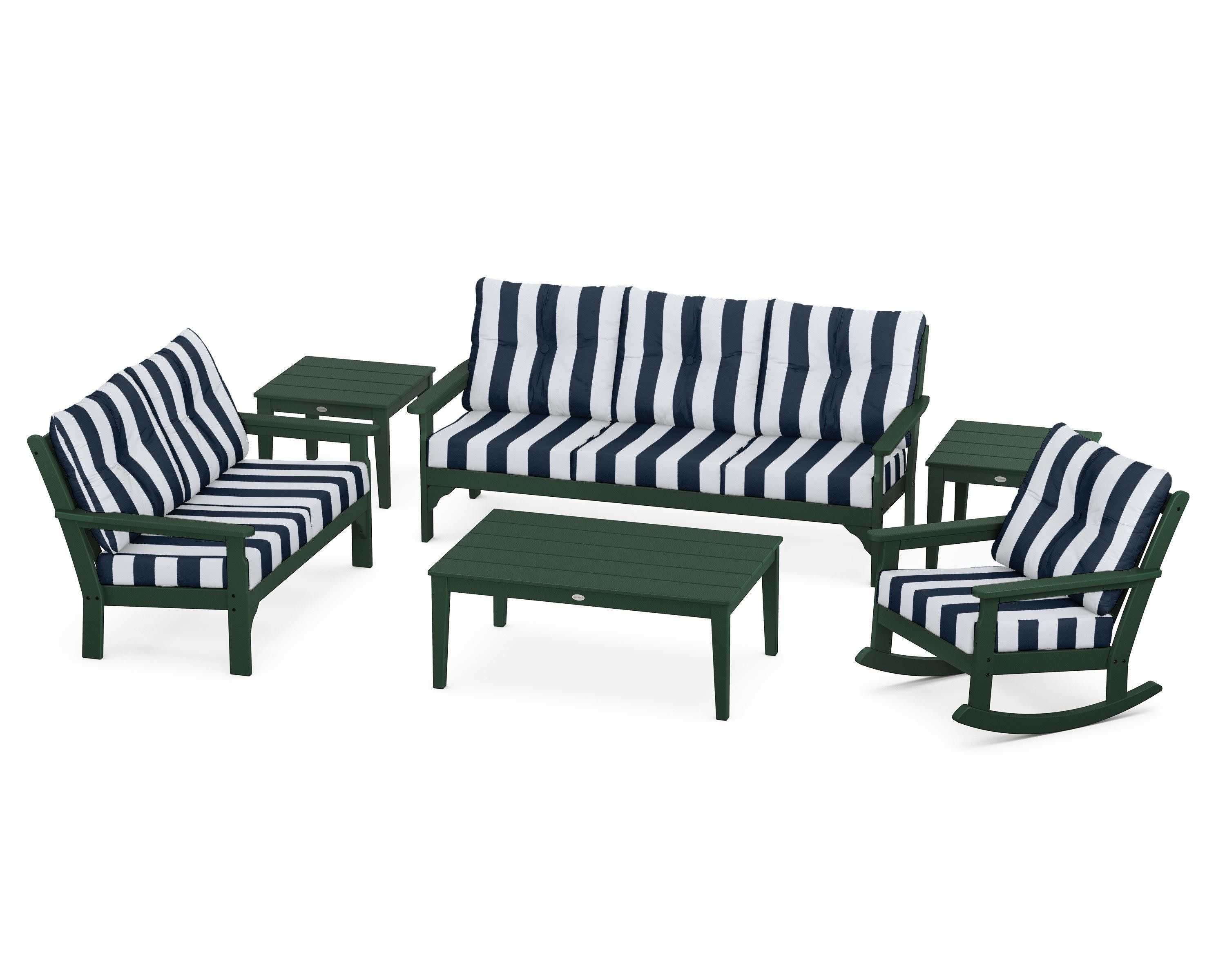 Vineyard 6-Piece Deep Seating Set in Green / Cabana Stripe Marine Indigo