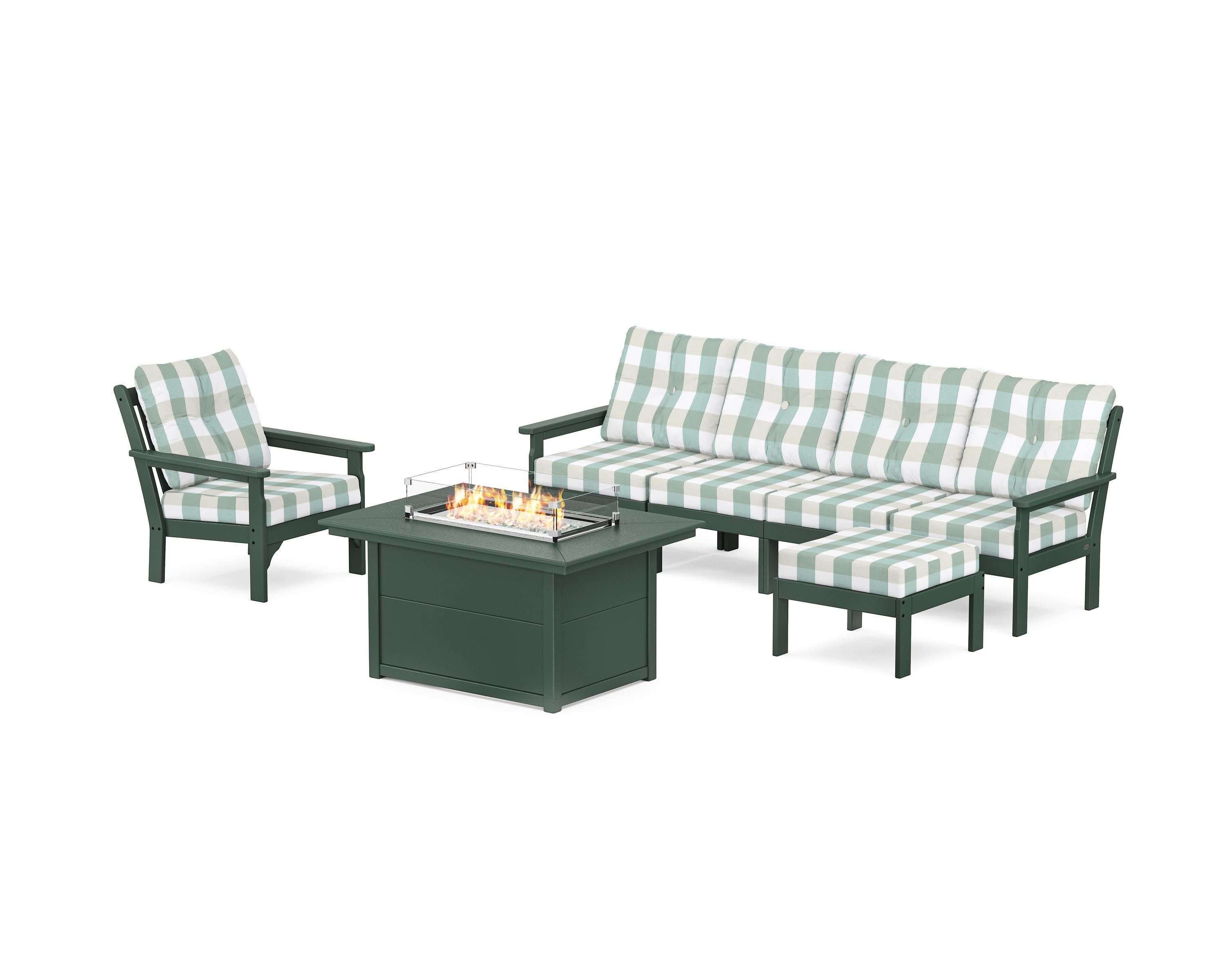 Vineyard Sectional Lounge and Fire Pit Set in Green / Buffalo Plaid Glacier Spa