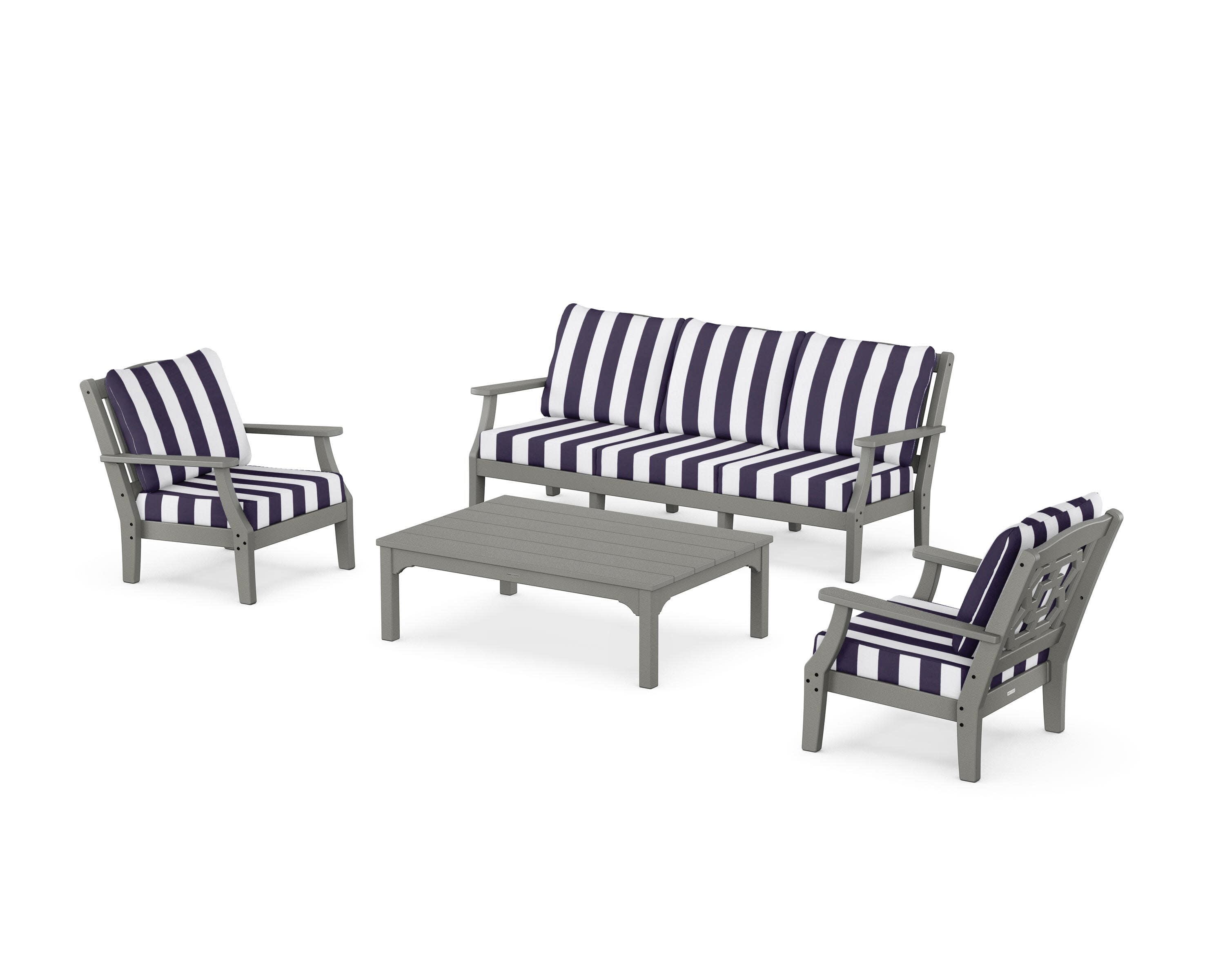 Chinoiserie 4-Piece Deep Seating Set with Sofa in Slate Grey / Cabana Stripe Navy