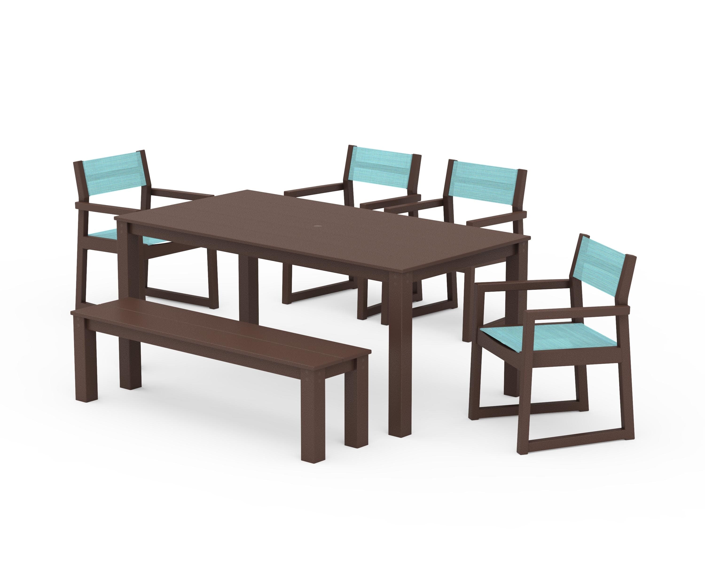 EDGE Sling Arm Chair 6-Piece Parsons Dining Set with Bench in Mahogany / Dupioni Aquamarine Sling