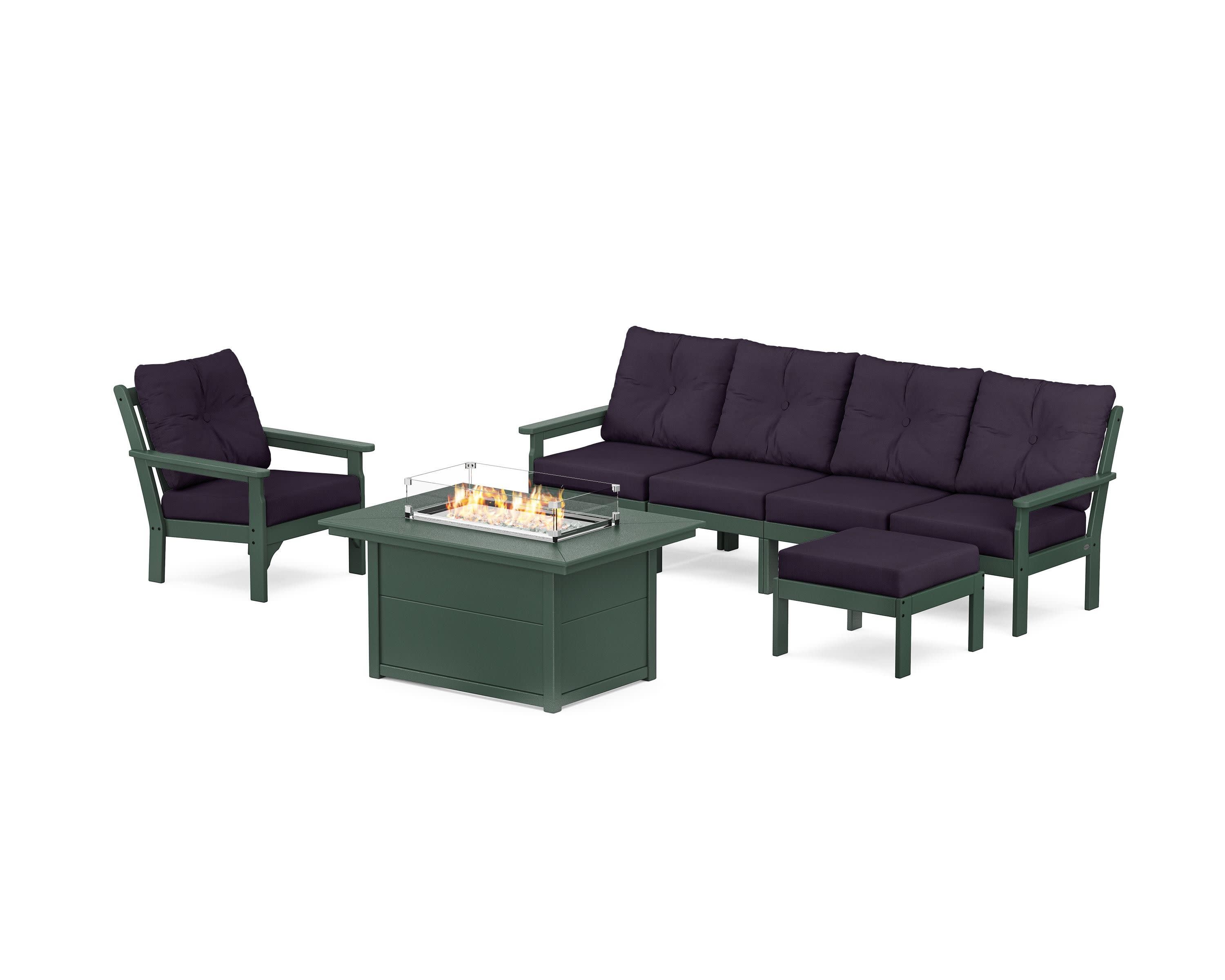 Vineyard Sectional Lounge and Fire Pit Set in Green / Navy Linen