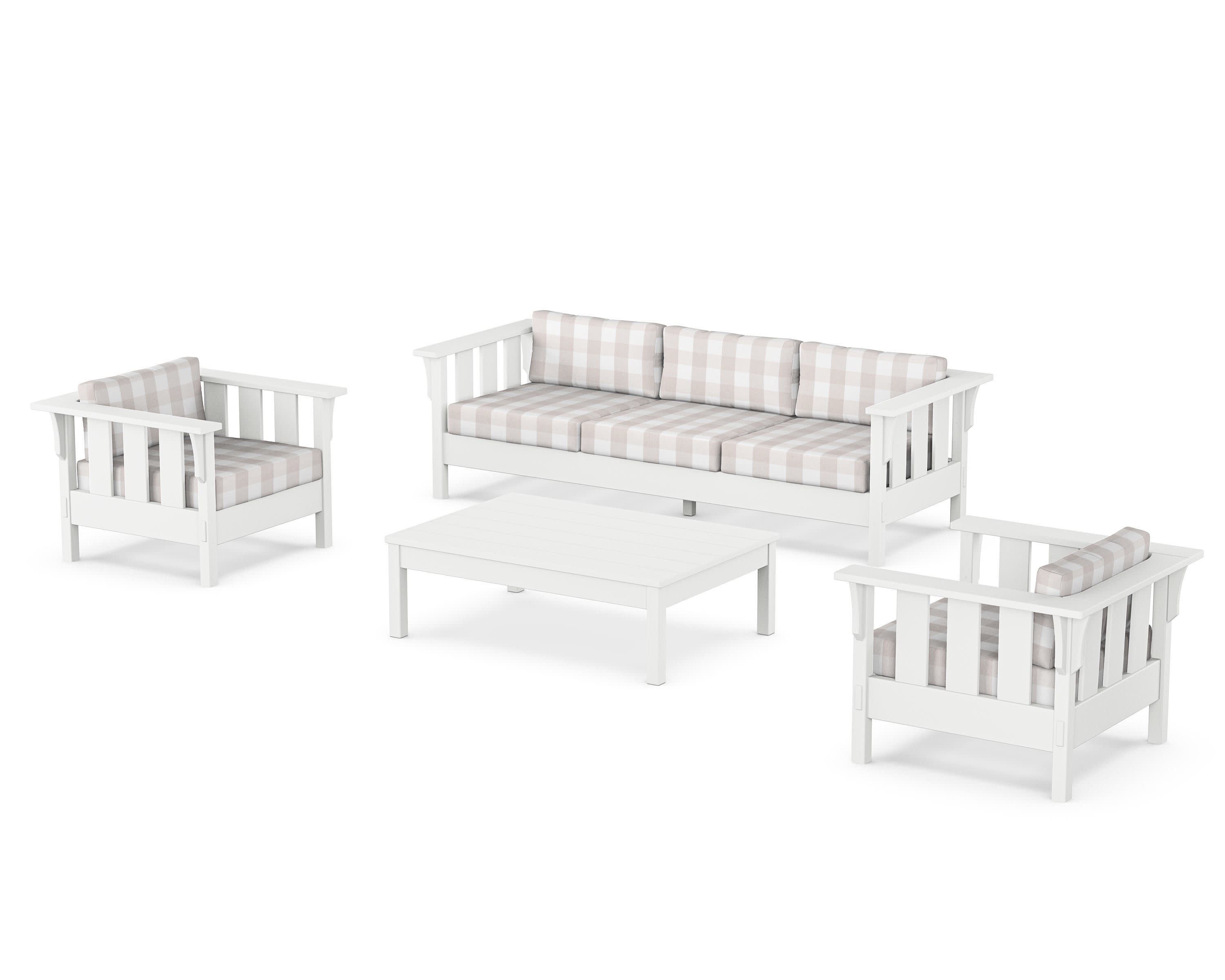 Acadia 4-Piece Deep Seating Set with Sofa in White / Buffalo Plaid Dune Burlap