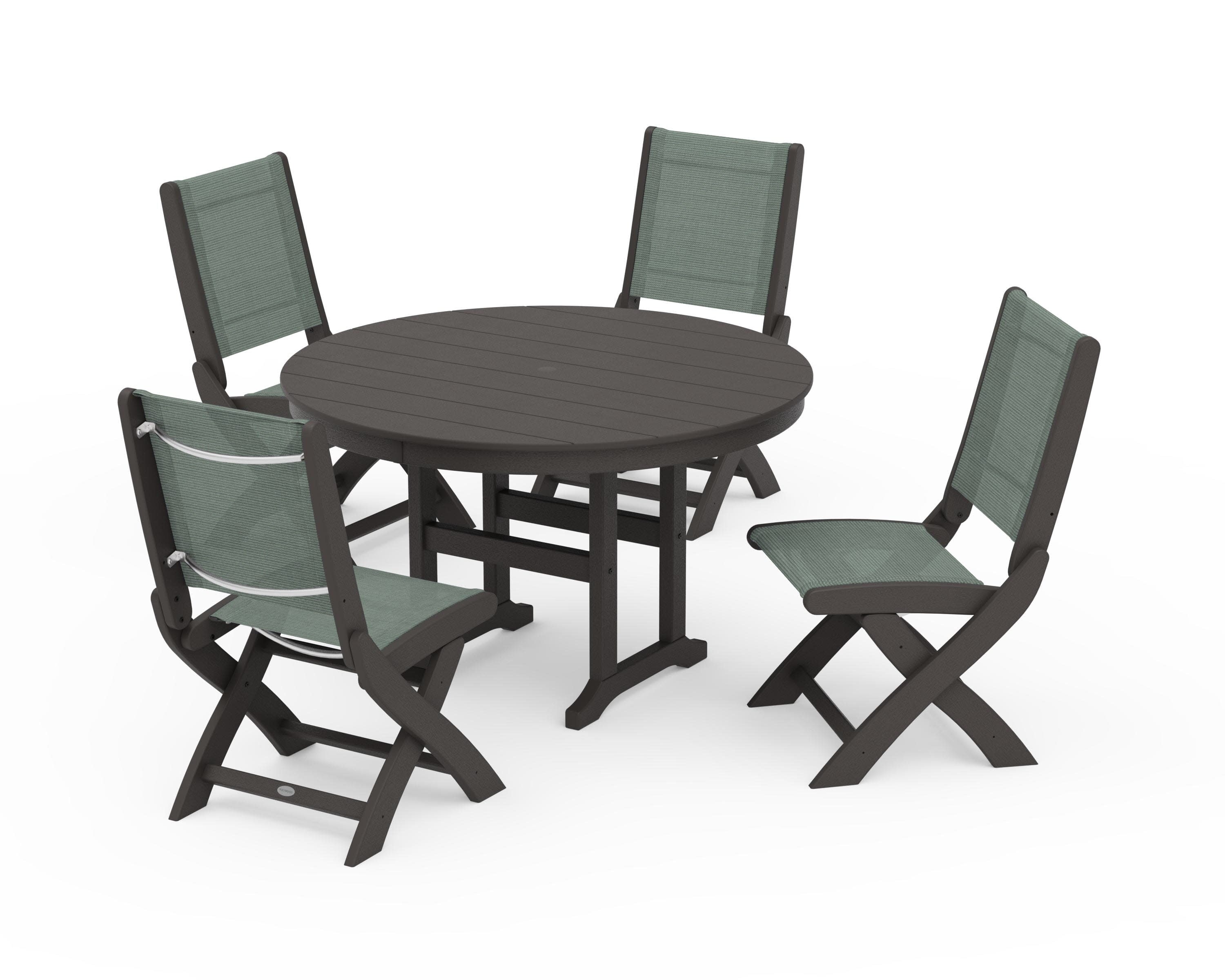 Coastal Folding Side Chair 5-Piece Round Dining Set in Vintage Coffee / Dupioni Sea Mist Sling