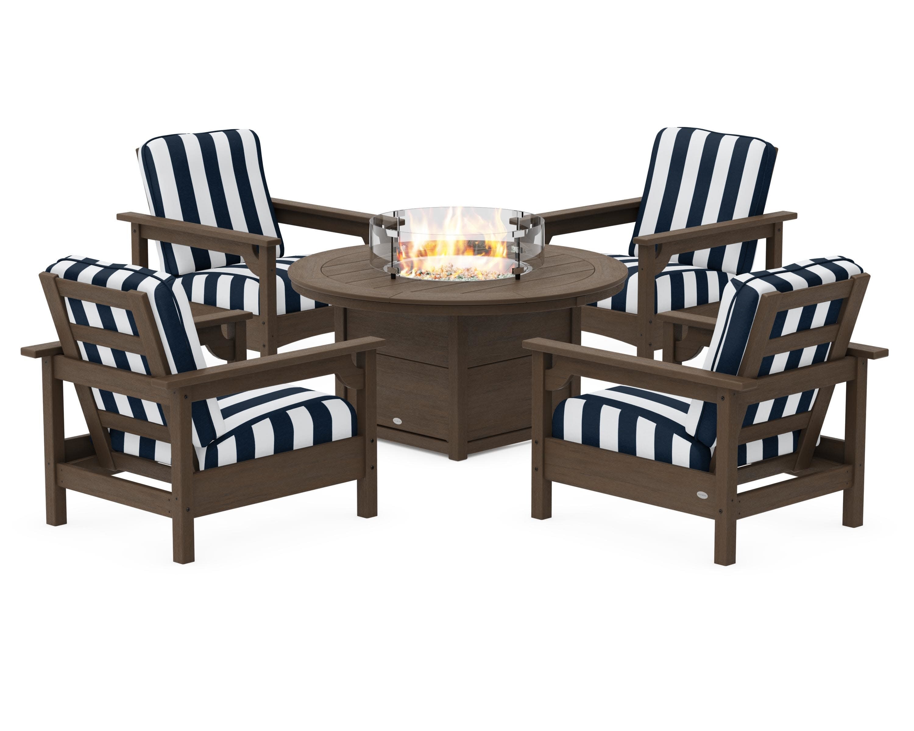 Club 5-Piece Conversation Set with Fire Pit Table in Kona / Cabana Stripe Marine Indigo