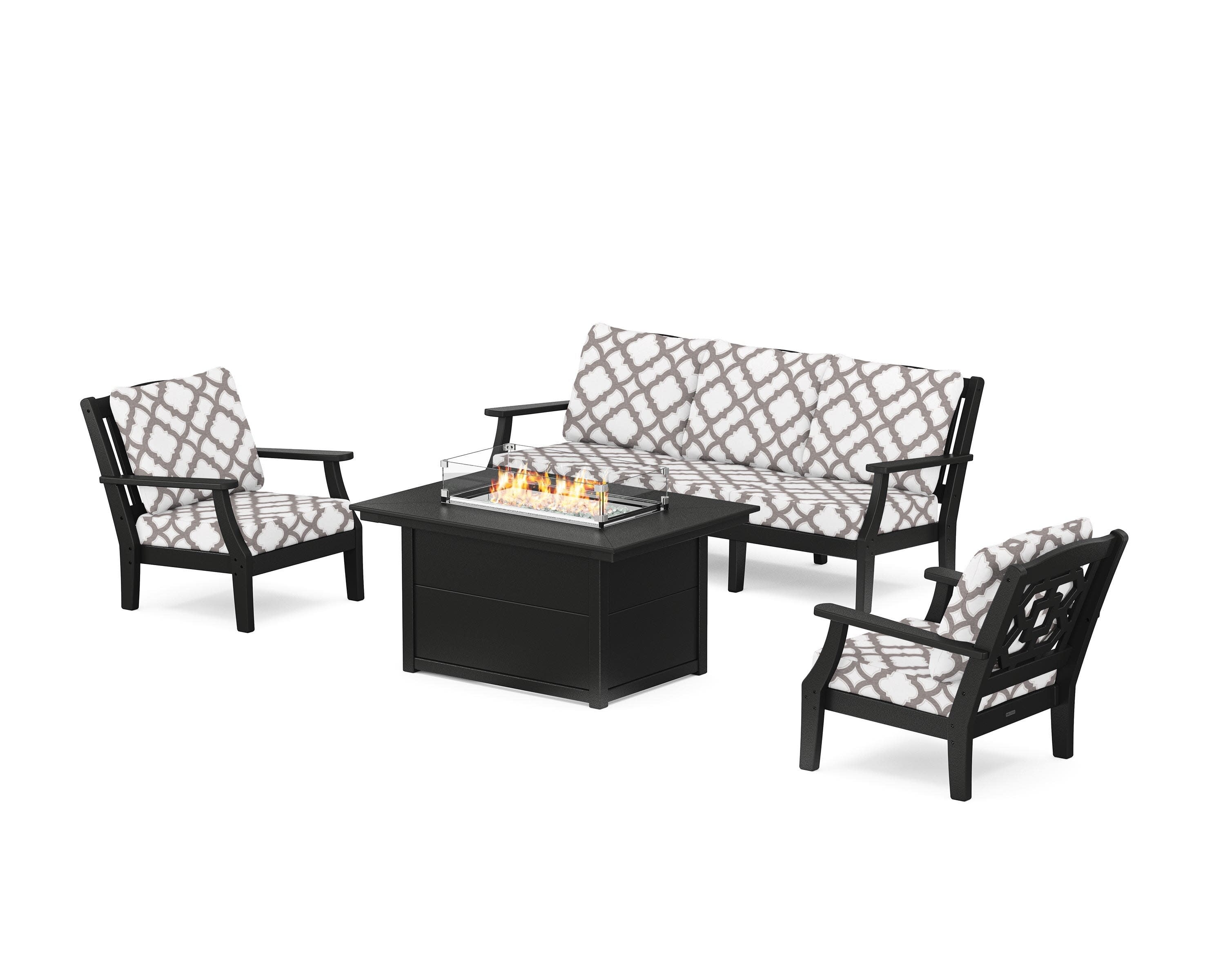 Chinoiserie Deep Seating Fire Pit Table Set in Black / Trellis Grey Mist