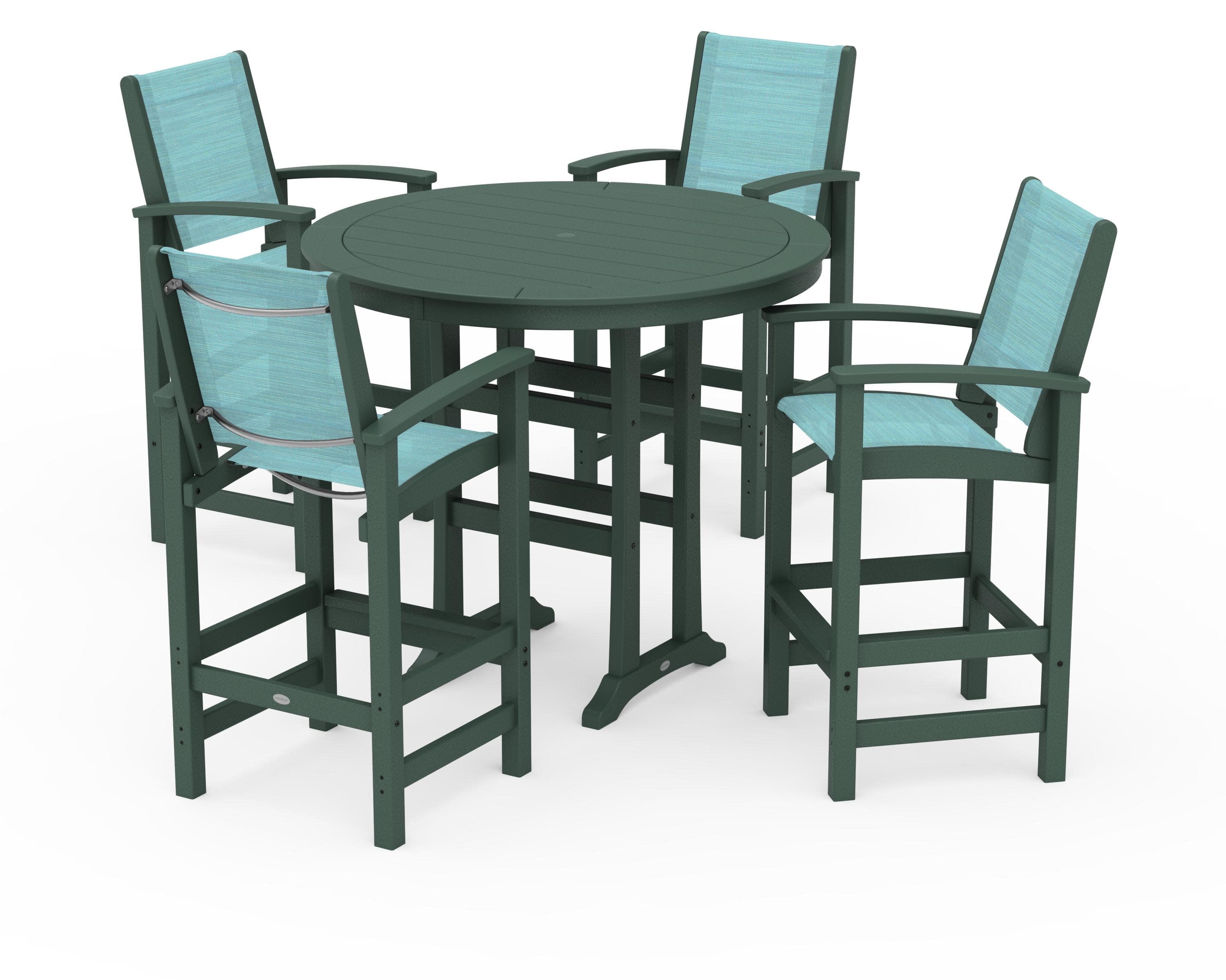Coastal 5-Piece Nautical Trestle Bar Set in Green / Dupioni Aquamarine Sling
