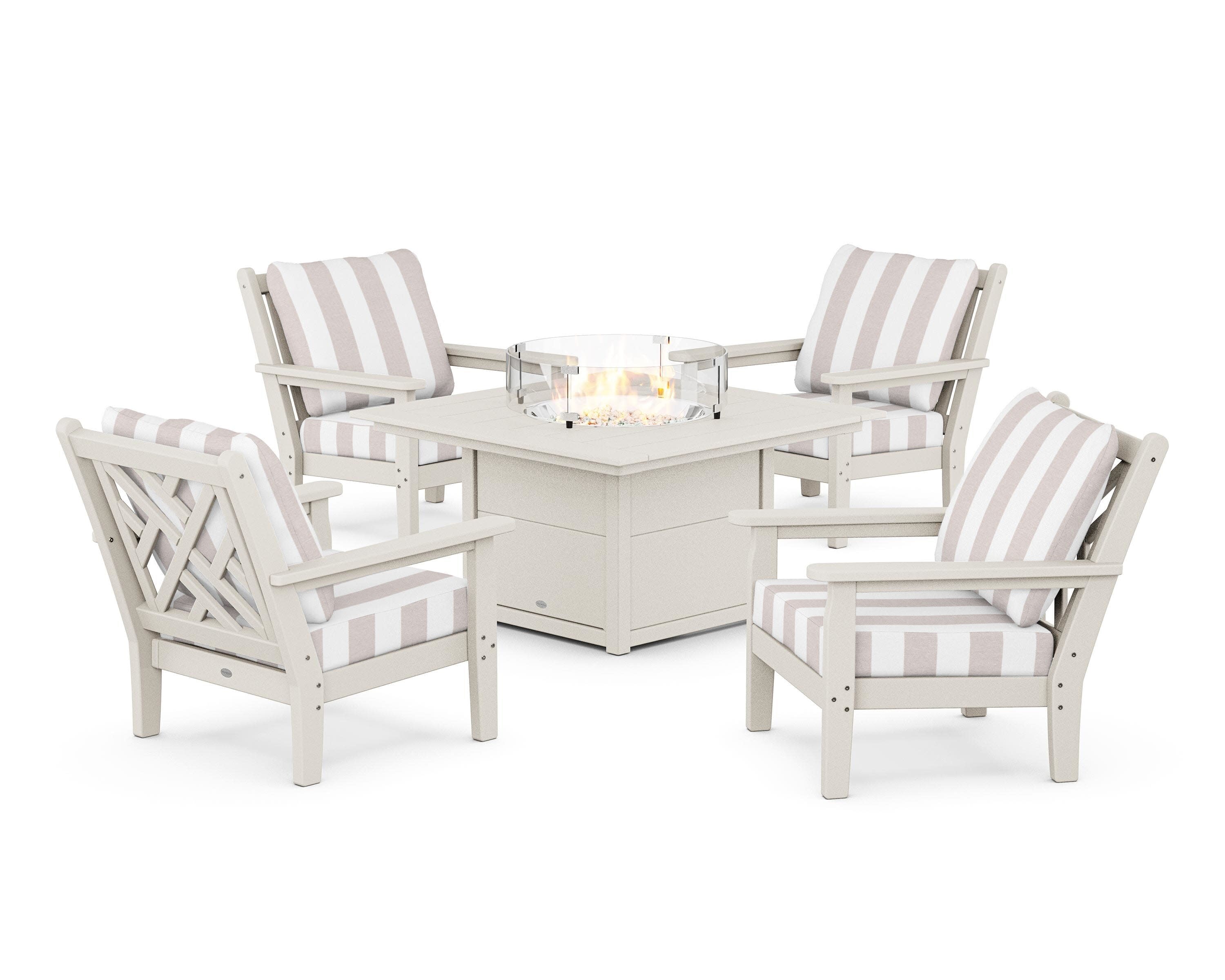 Chippendale 5-Piece Deep Seating Set with Fire Pit Table in Sand / Cabana Stripe Dune Burlap