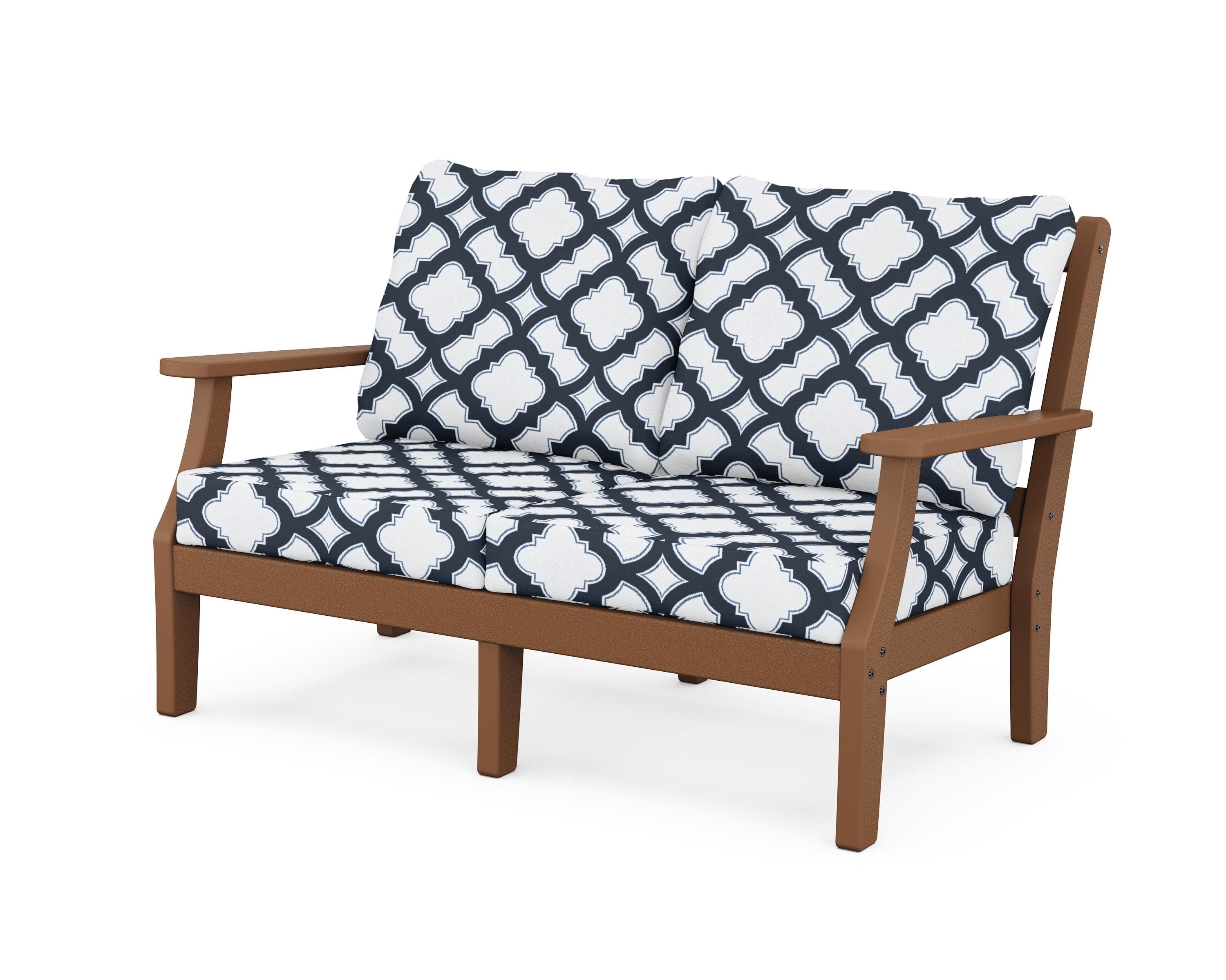 Chinoiserie Deep Seating Loveseat in Teak / Trellis Marine Indigo