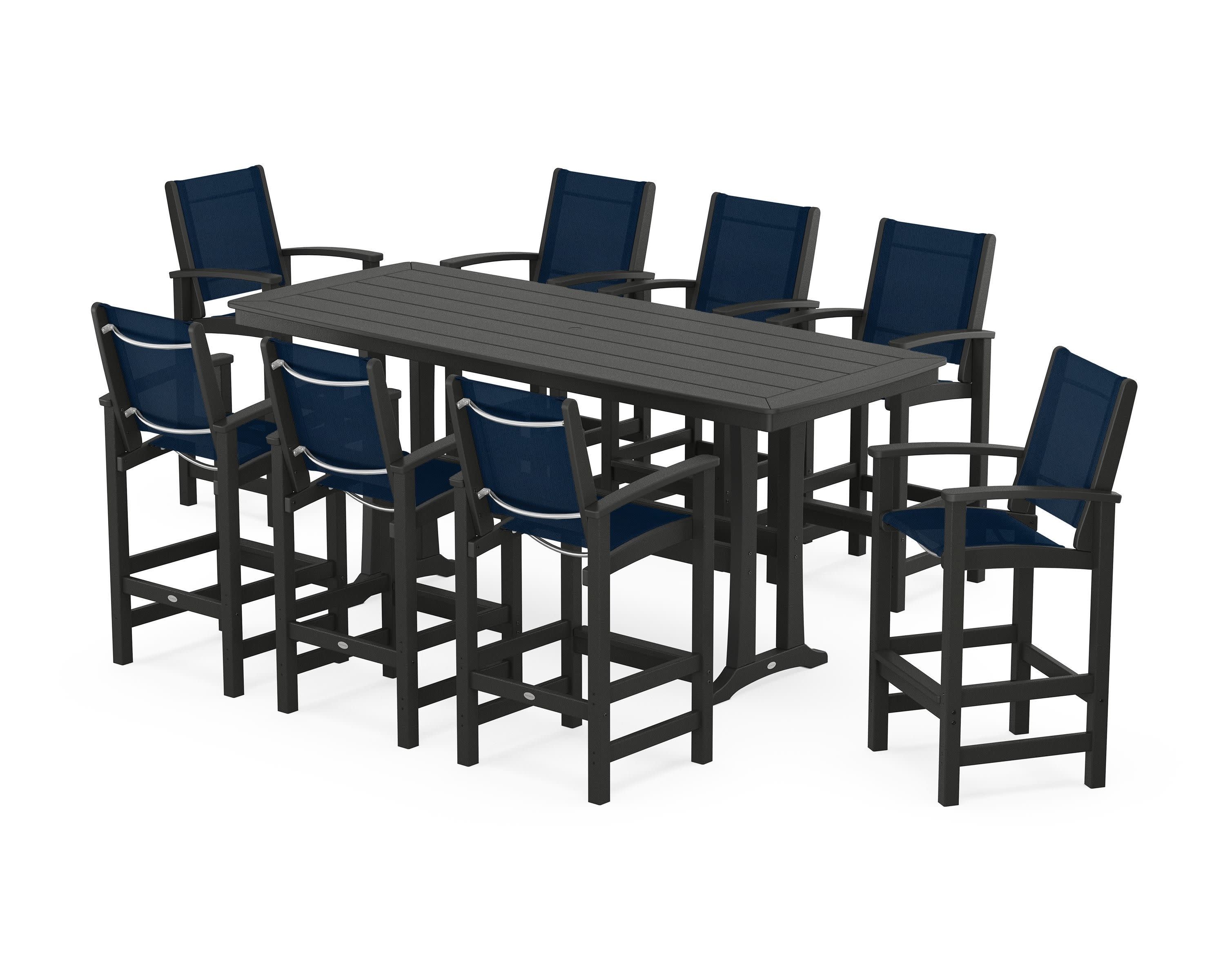Coastal 9-Piece Bar Set with Trestle Legs in Black / Navy Blue Sling
