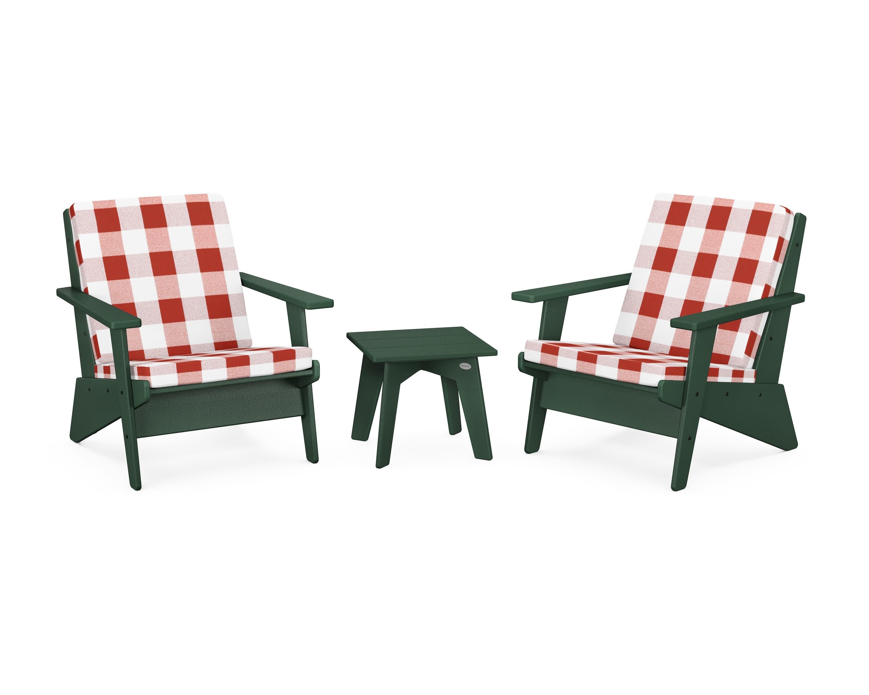 Riviera Modern Lounge 3-Piece Set in Green / Buffalo Plaid Crimson