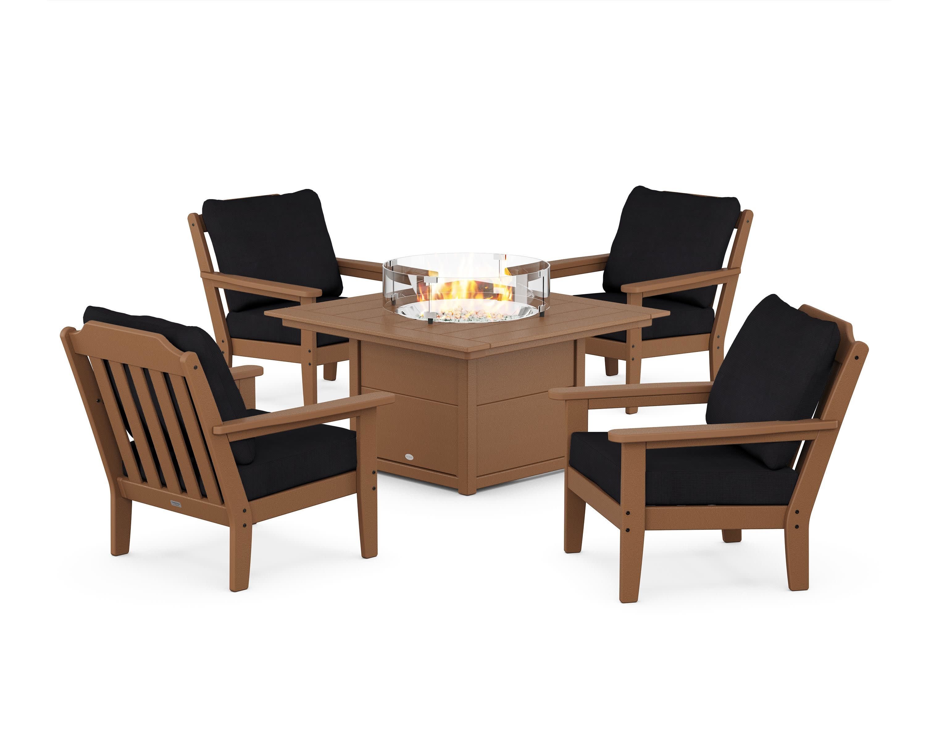 Cottage 5-Piece Deep Seating Set with Fire Pit Table in Teak / Midnight Linen