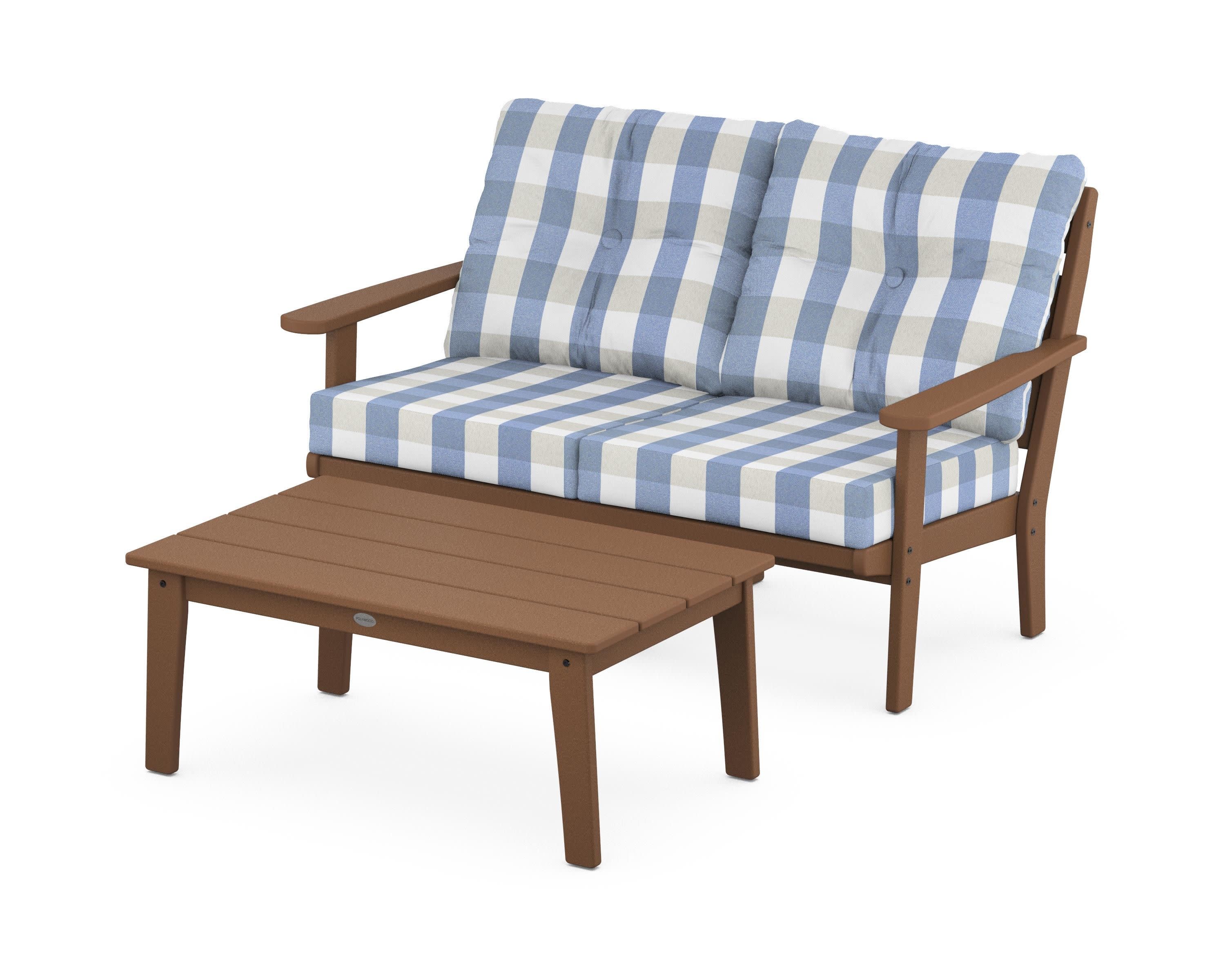 Lakeside 2-Piece Lounge Loveseat Set in Teak / Buffalo Plaid Sky Blue