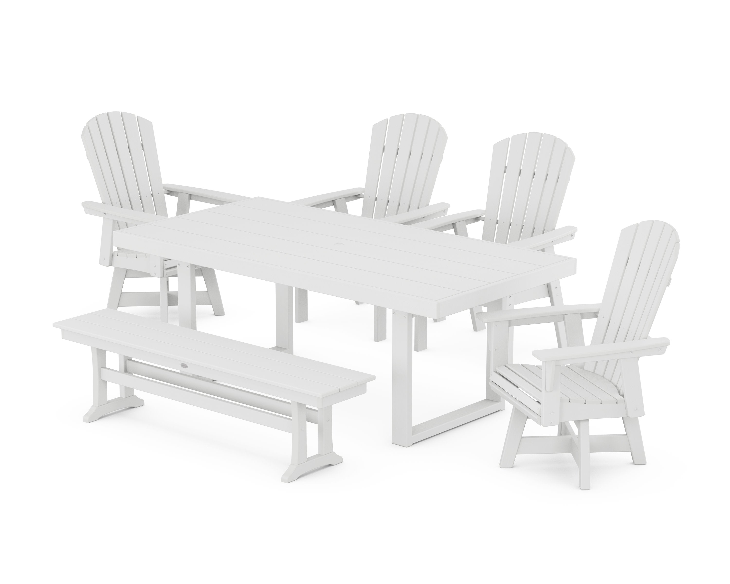 Nautical Curveback Adirondack Swivel Chair 6-Piece Dining Set with Bench in White