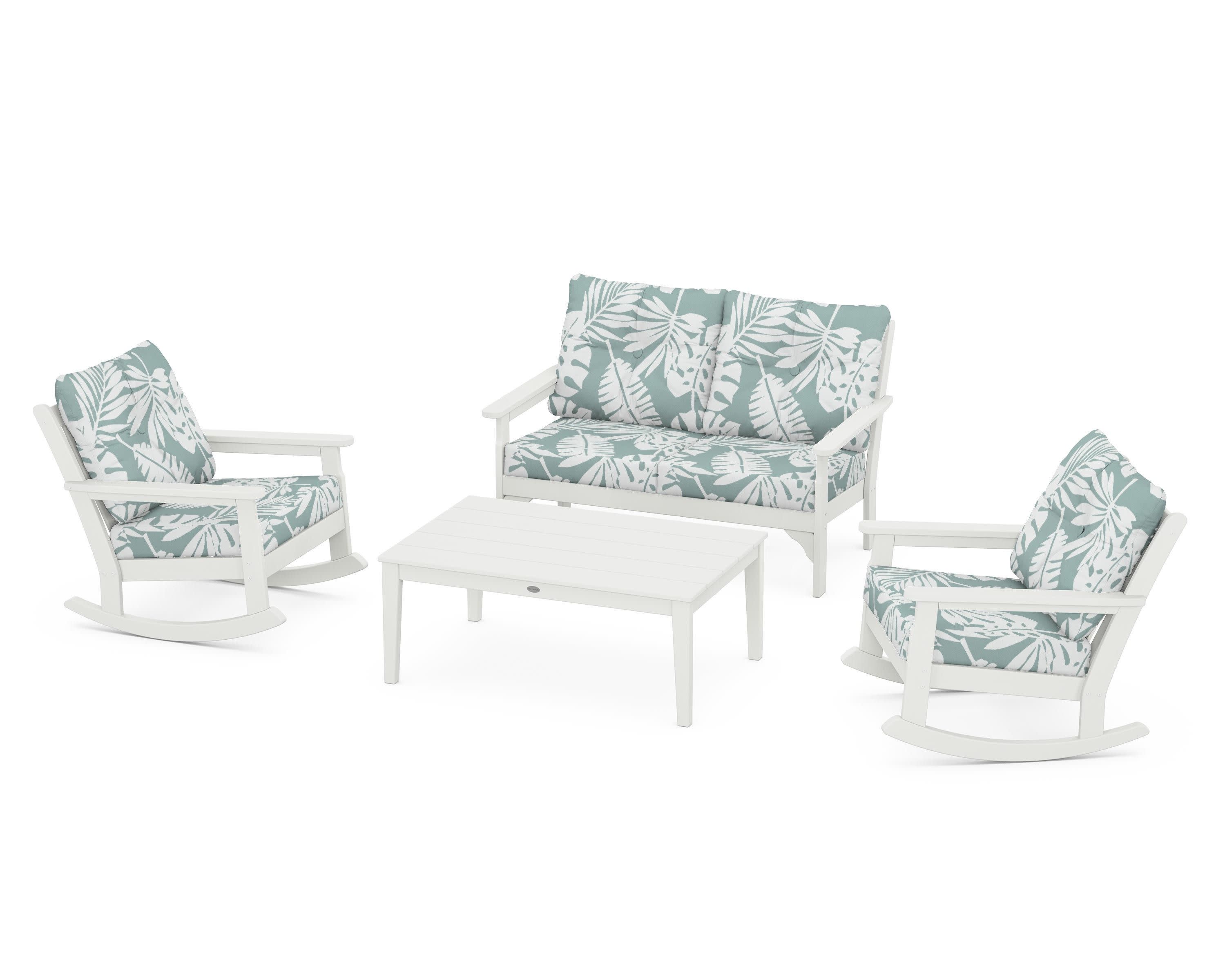 Vineyard 4-Piece Deep Seating Rocking Chair Set in Vintage White / Leaf Glacier Spa