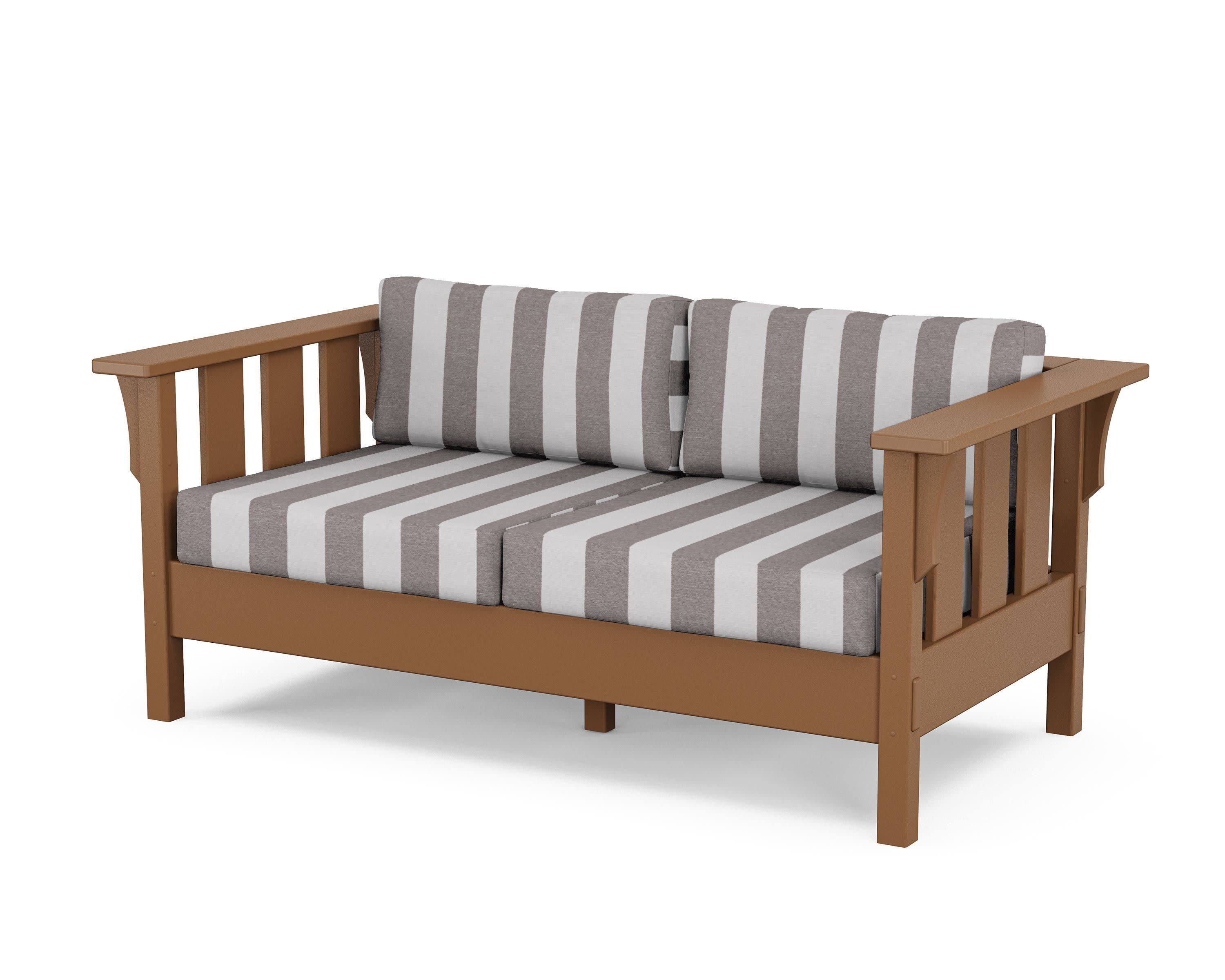 Acadia Deep Seating Loveseat in Teak / Cabana Stripe Grey Mist