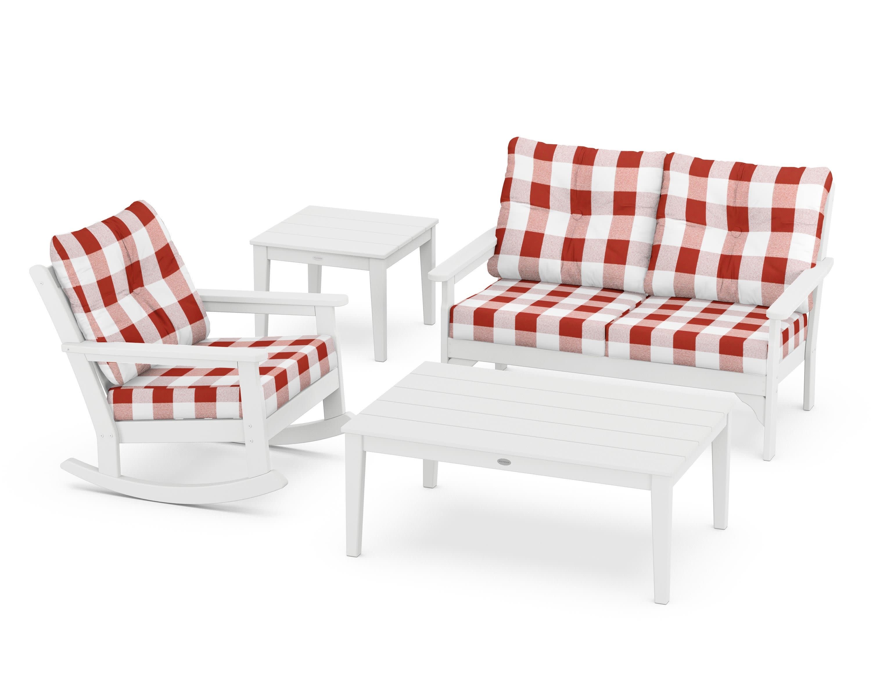 Vineyard 4-Piece Deep Seating Rocker Set in White / Buffalo Plaid Crimson