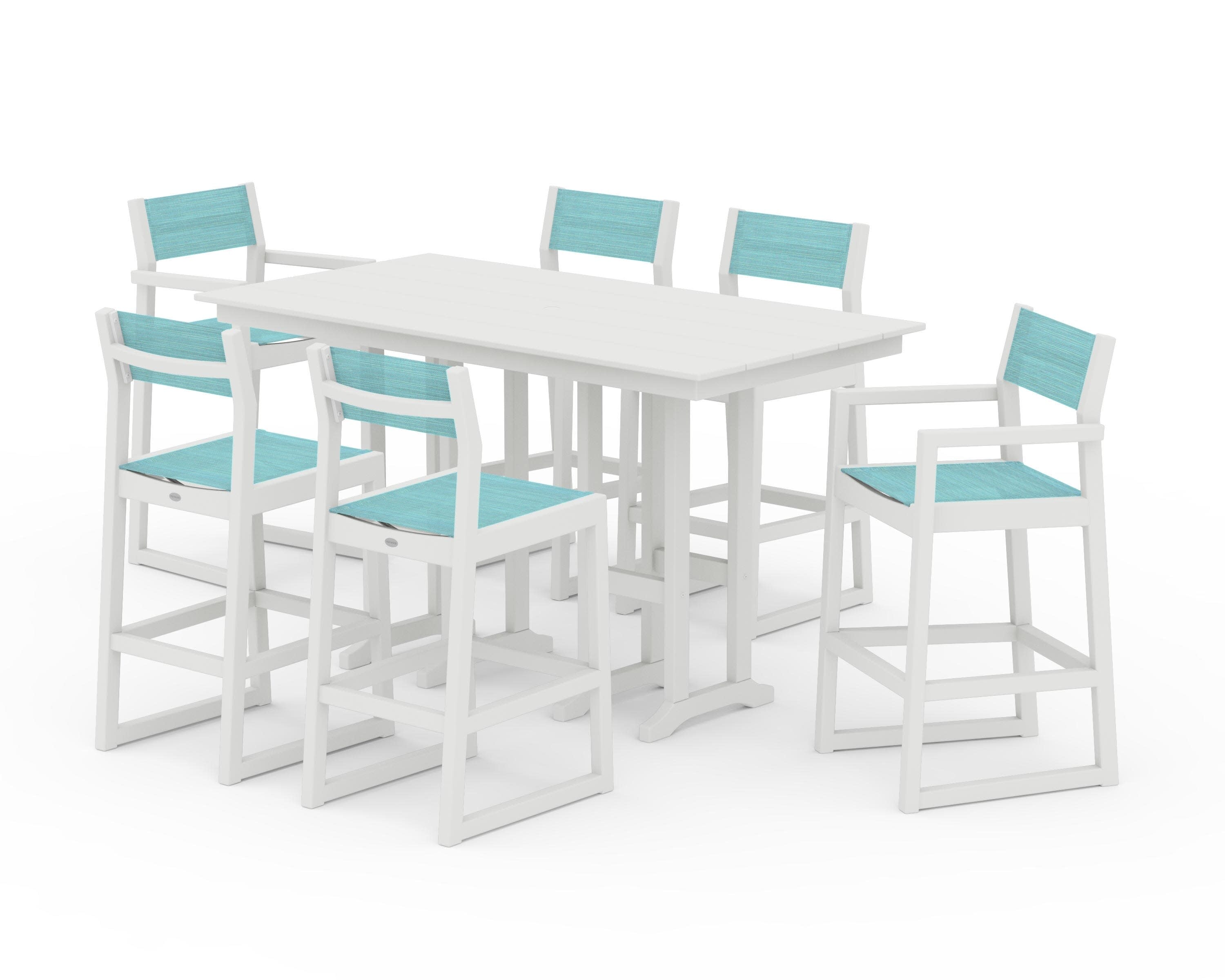 EDGE Sling 7-Piece Farmhouse Bar Set in White / Dupioni Aquamarine Sling