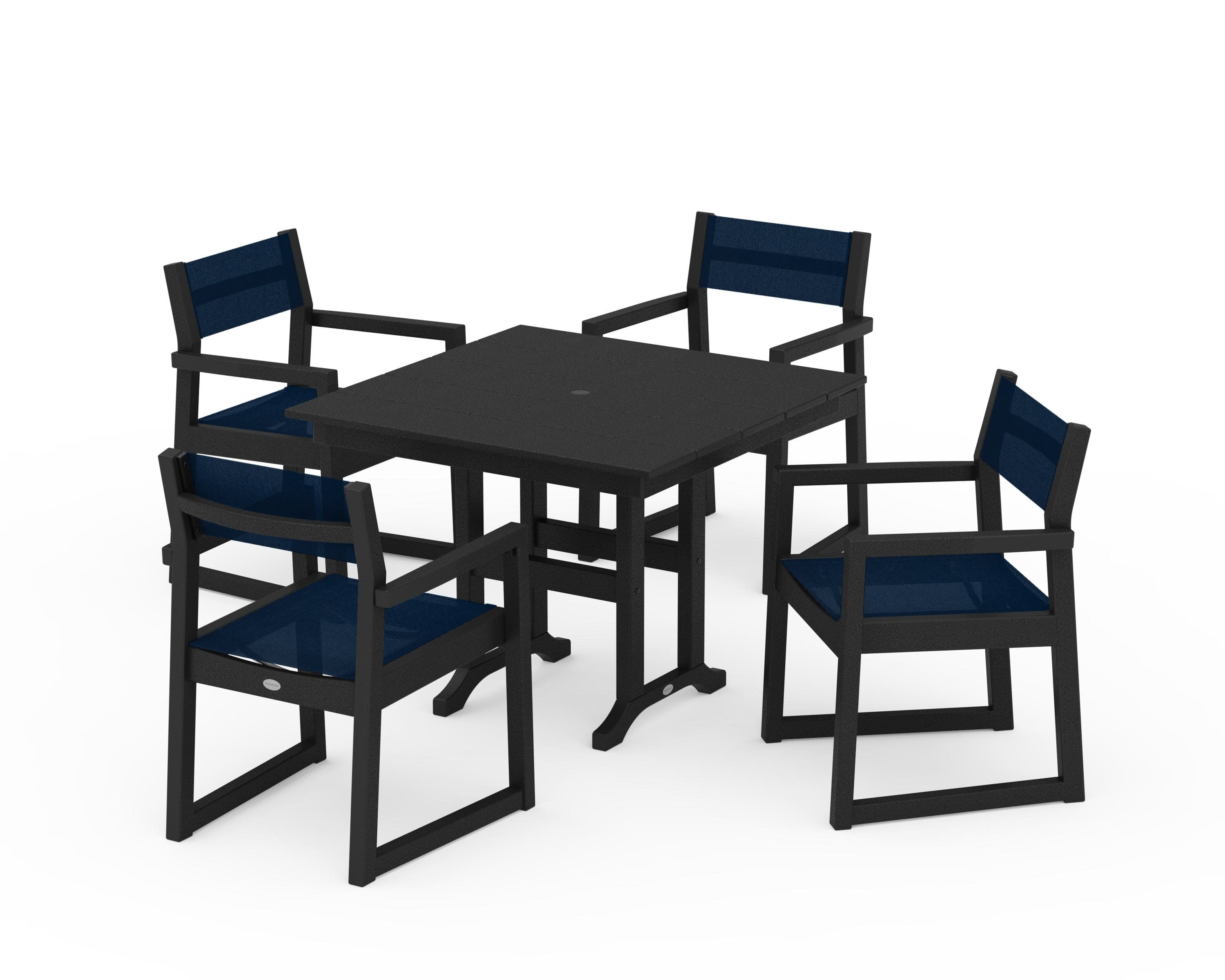 EDGE Sling Arm Chair 5-Piece Farmhouse Dining Set in Black / Navy Blue Sling