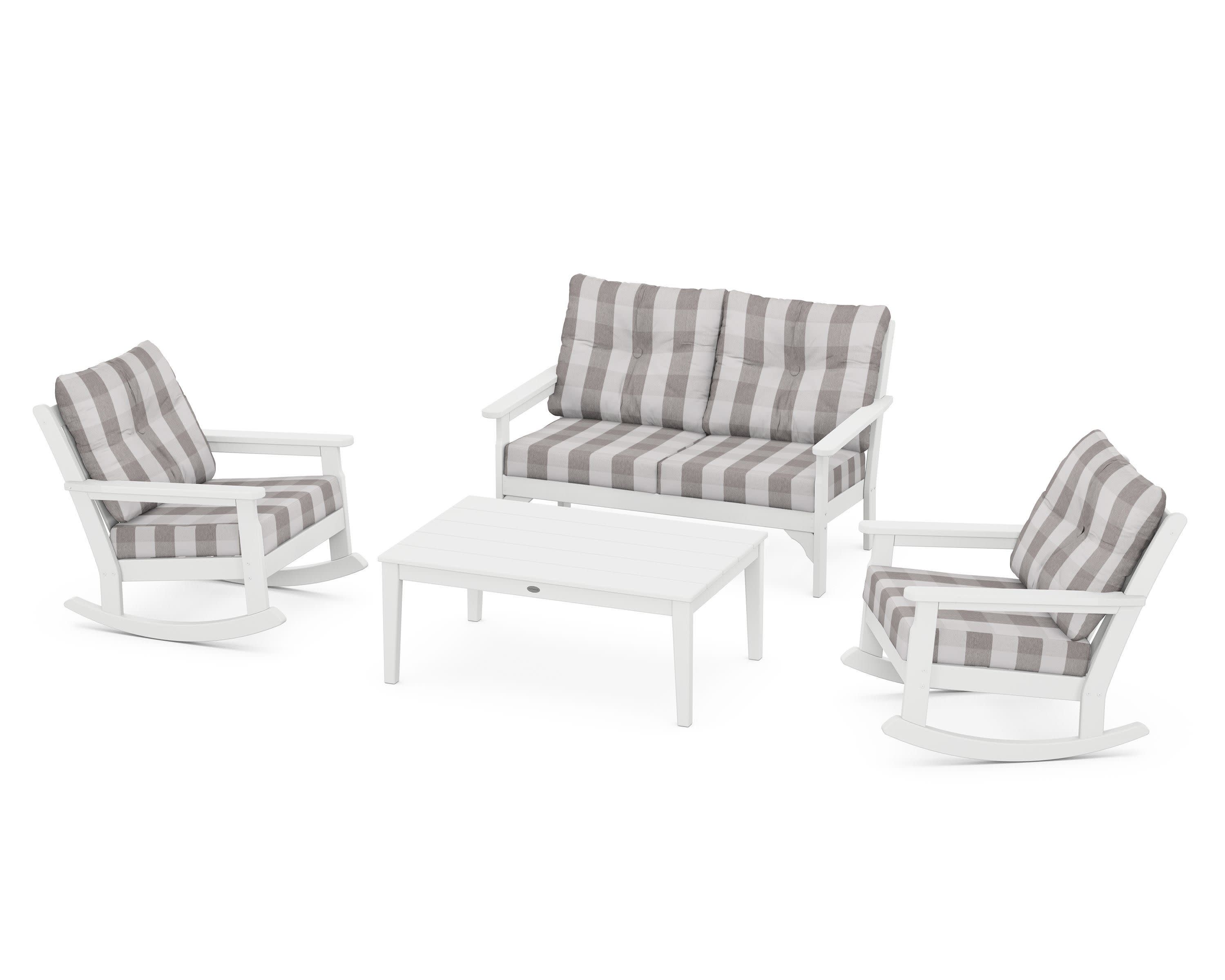 Vineyard 4-Piece Deep Seating Rocking Chair Set in White / Buffalo Plaid Grey Mist