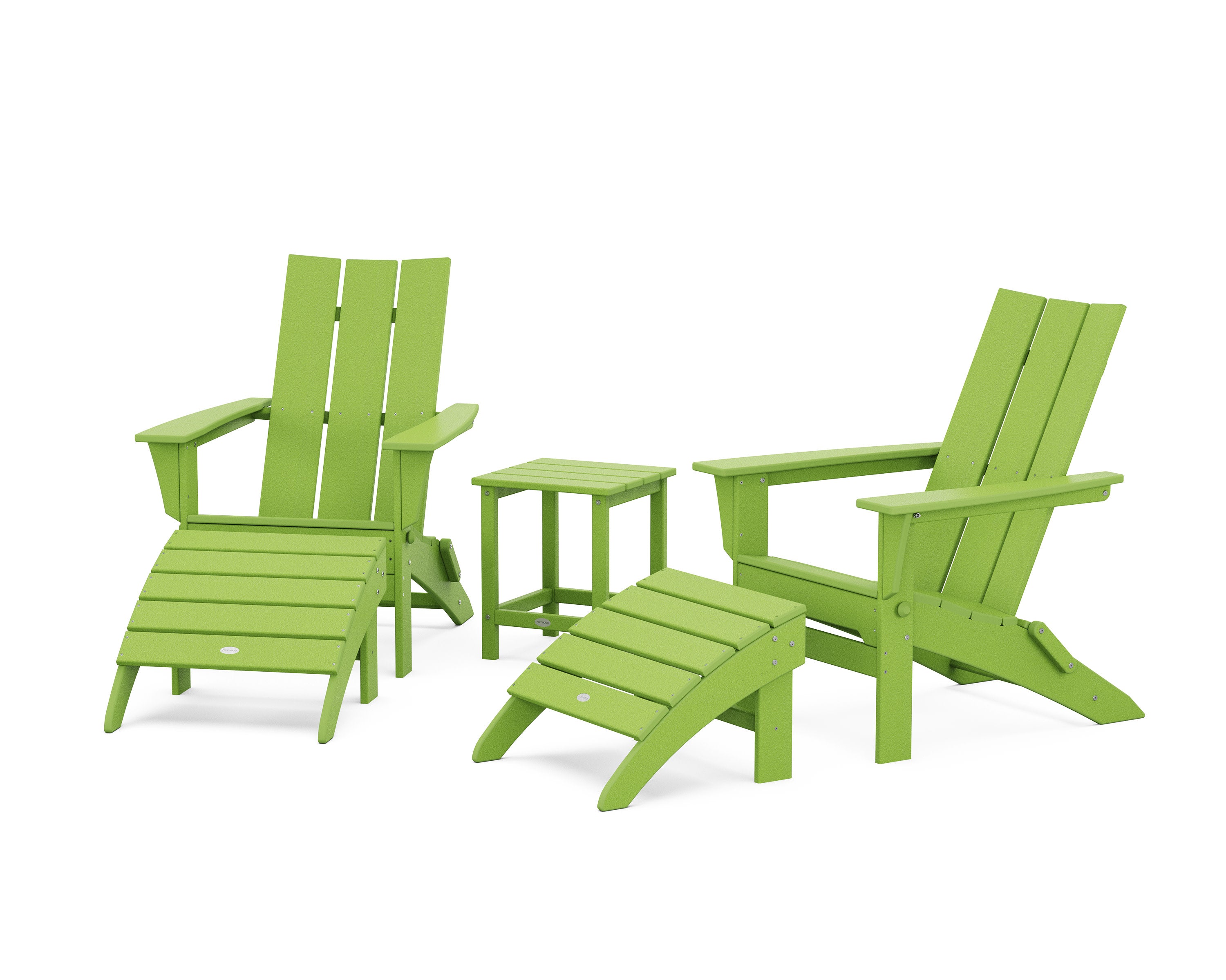 Modern Folding Adirondack Chair 5-Piece Set with Ottomans and 18" Side Table in Lime