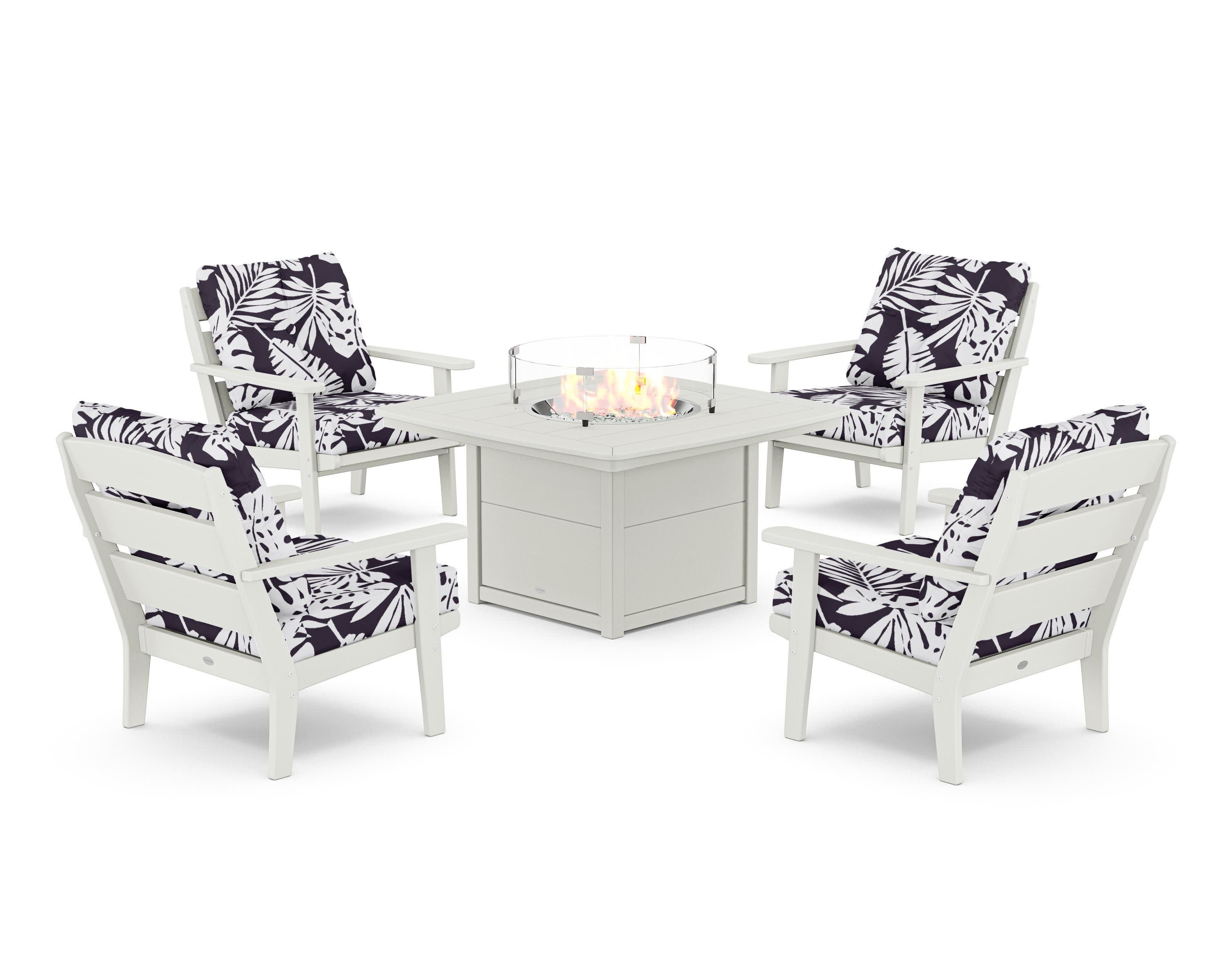 Lakeside 5-Piece Deep Seating Set with Nautical Fire Pit Table in Vintage White / Leaf Navy