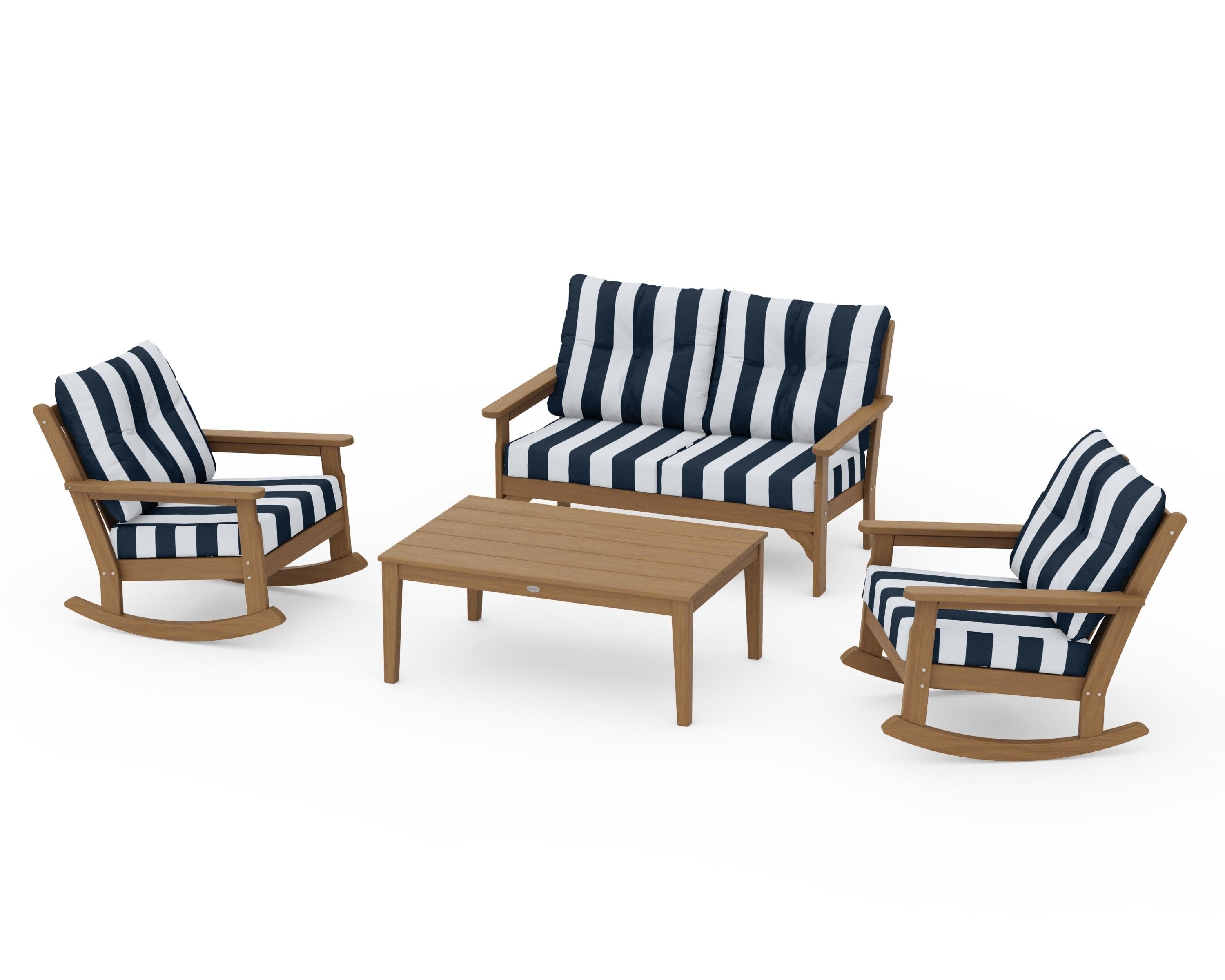 Vineyard 4-Piece Deep Seating Rocking Chair Set in Natural / Cabana Stripe Marine Indigo