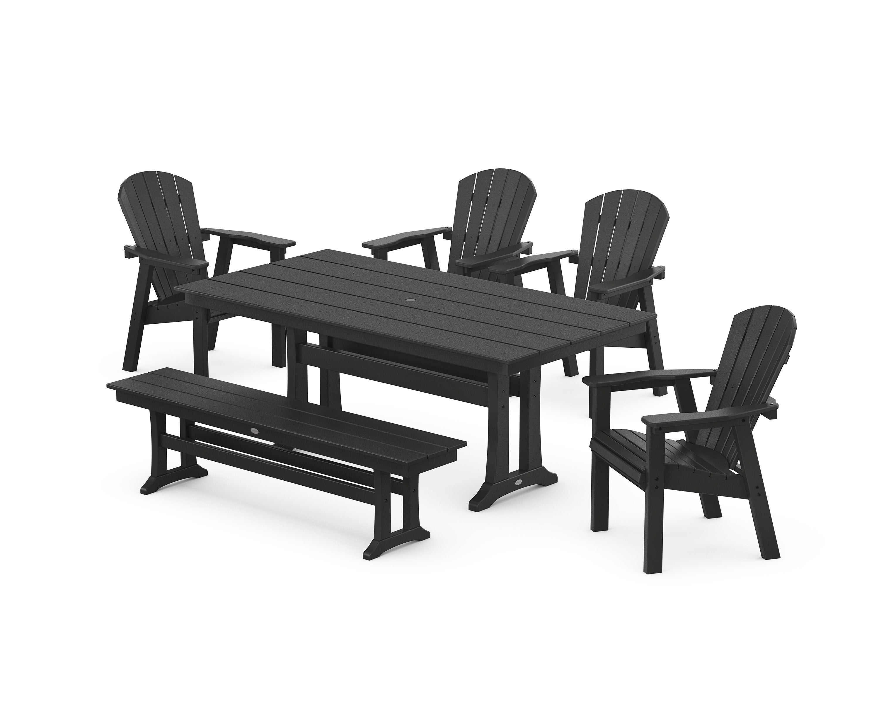 Seashell 6-Piece Farmhouse Dining Set with Trestle Legs and Bench in Black