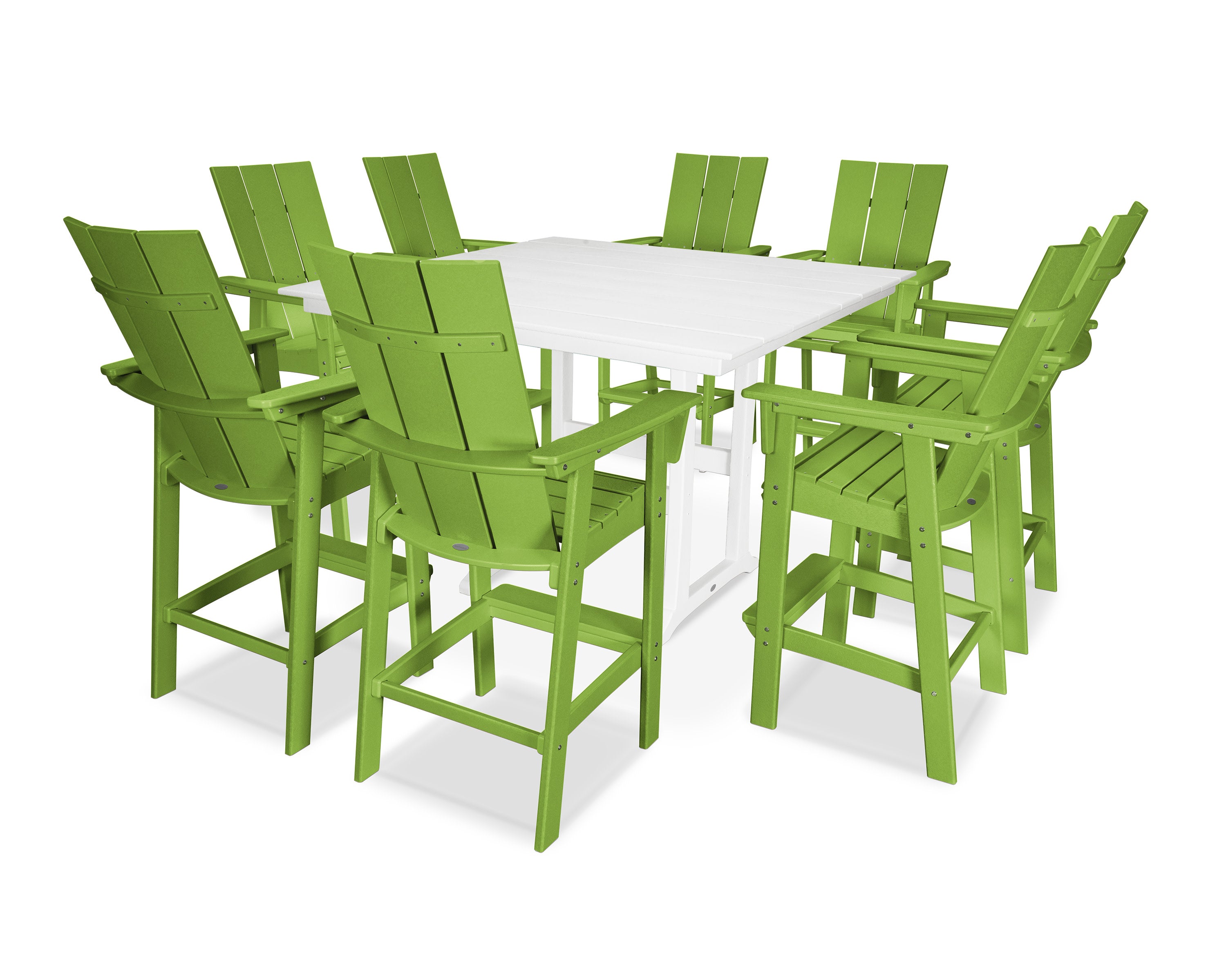 Modern Curveback Adirondack 9-Piece Farmhouse Trestle Bar Set in Lime / White