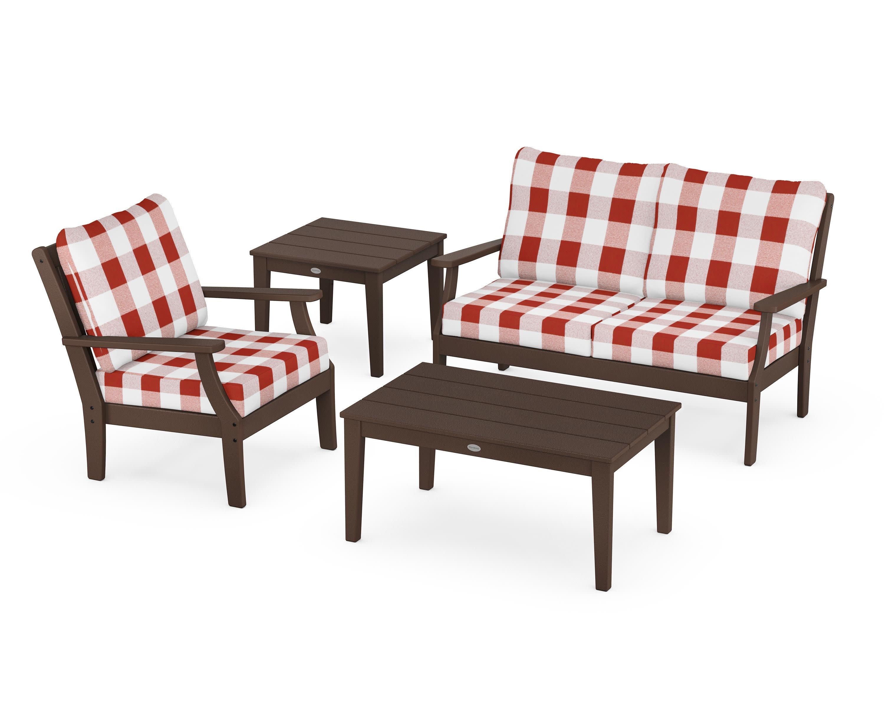 Braxton 4-Piece Deep Seating Set in Mahogany / Buffalo Plaid Crimson