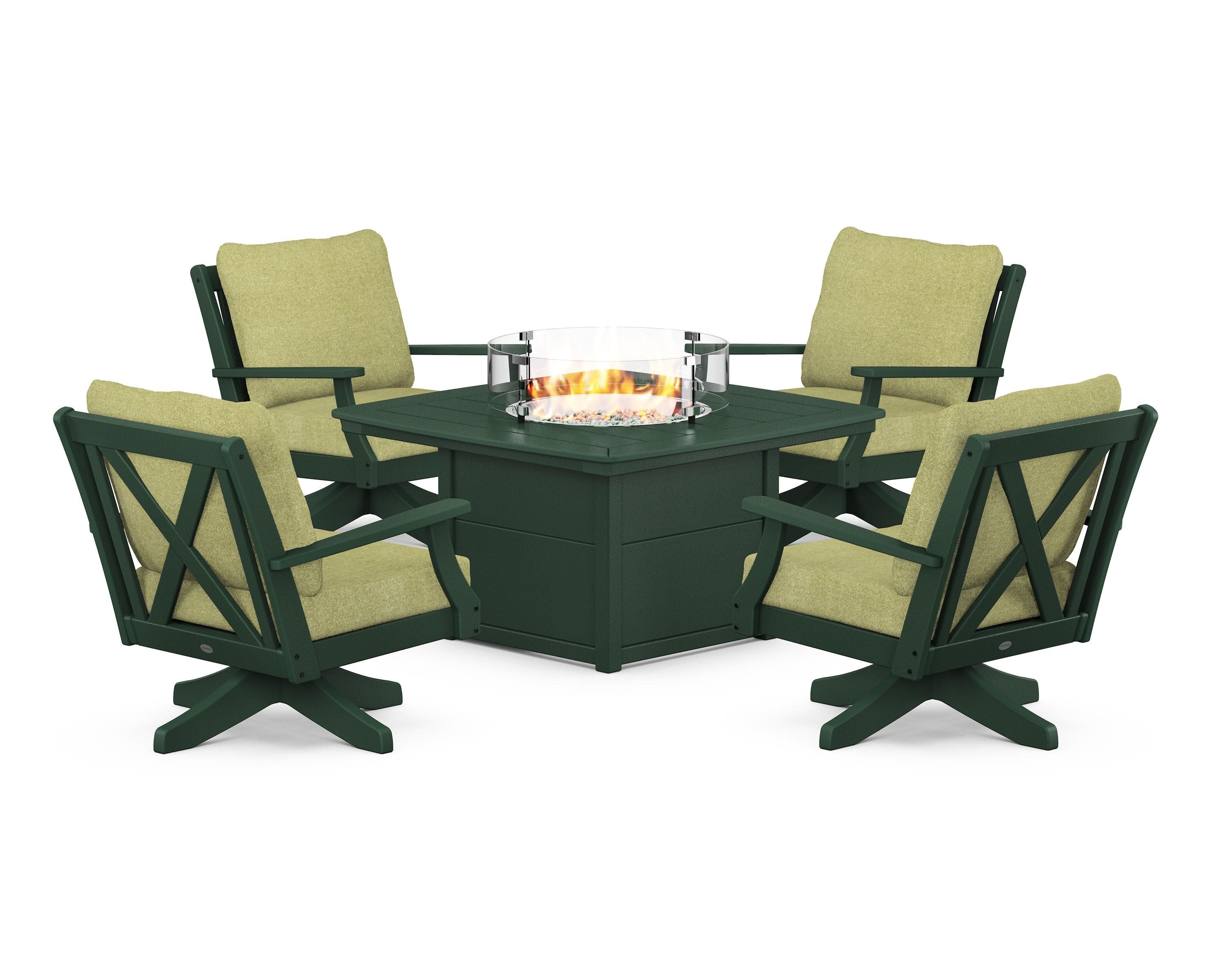 Braxton 5-Piece Deep Seating Swivel Conversation Set with Fire Pit Table in Green / Chartreuse Boucle