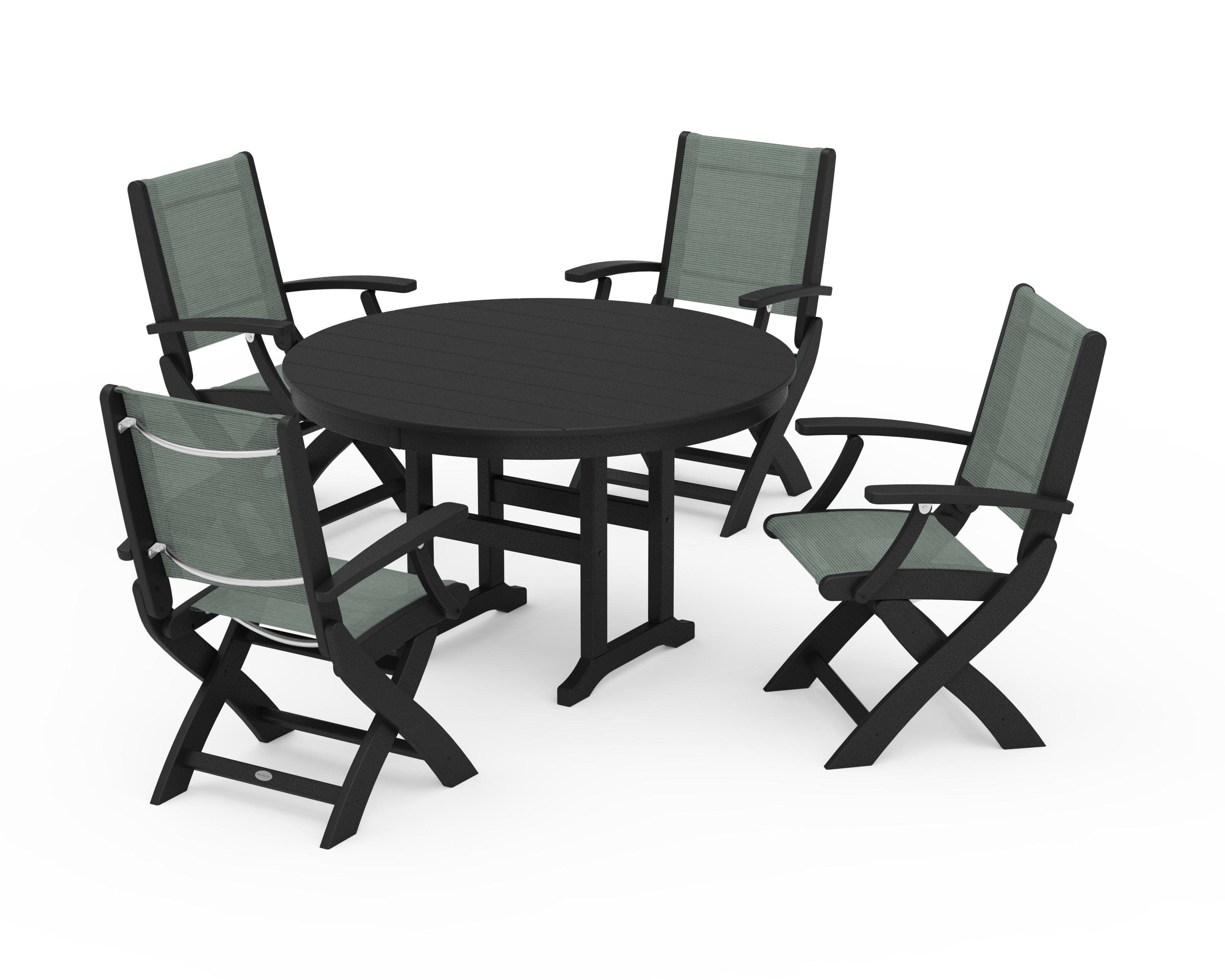 Coastal Folding Chair 5-Piece Round Dining Set in Black / Dupioni Sea Mist Sling