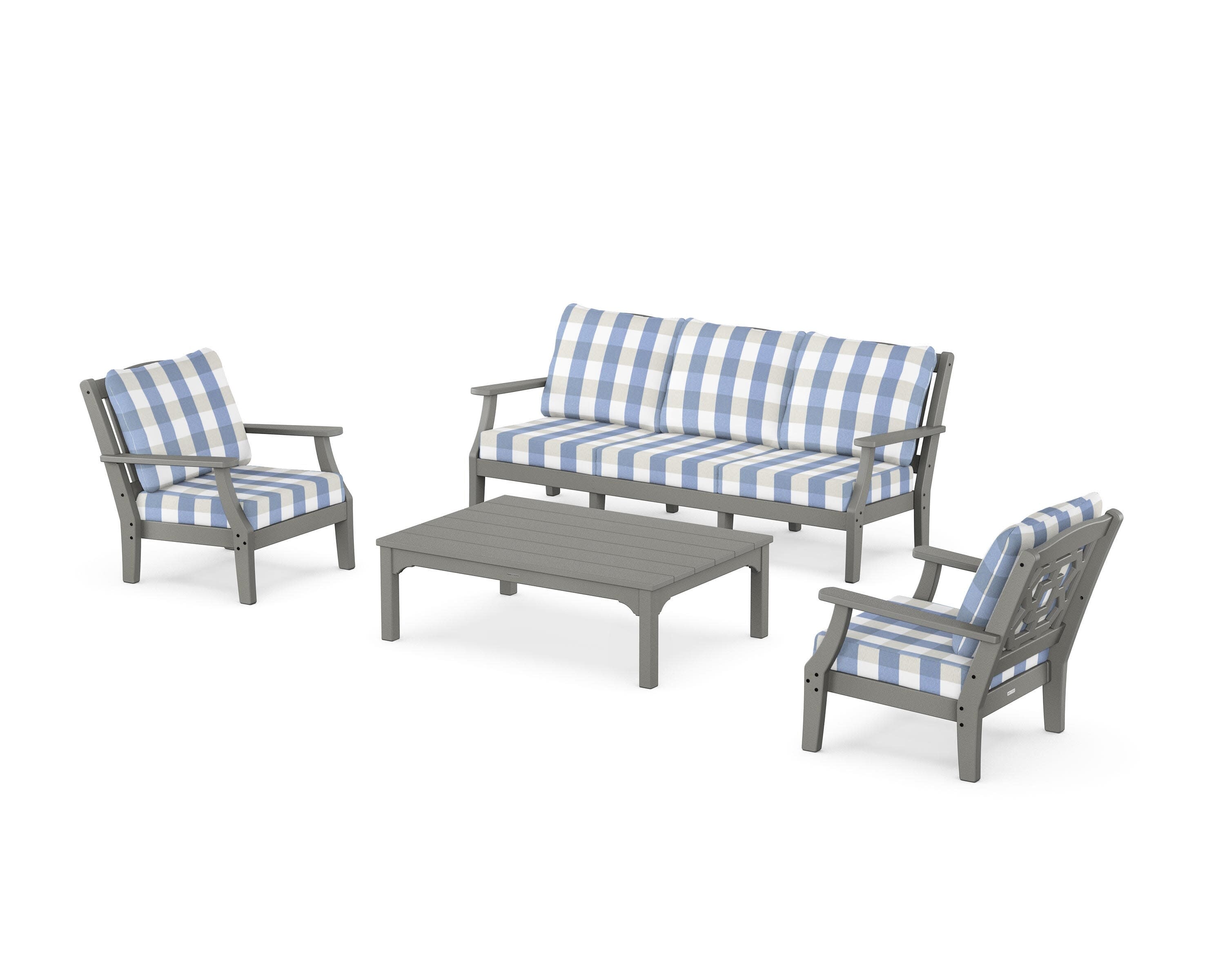 Chinoiserie 4-Piece Deep Seating Set with Sofa in Slate Grey / Buffalo Plaid Sky Blue