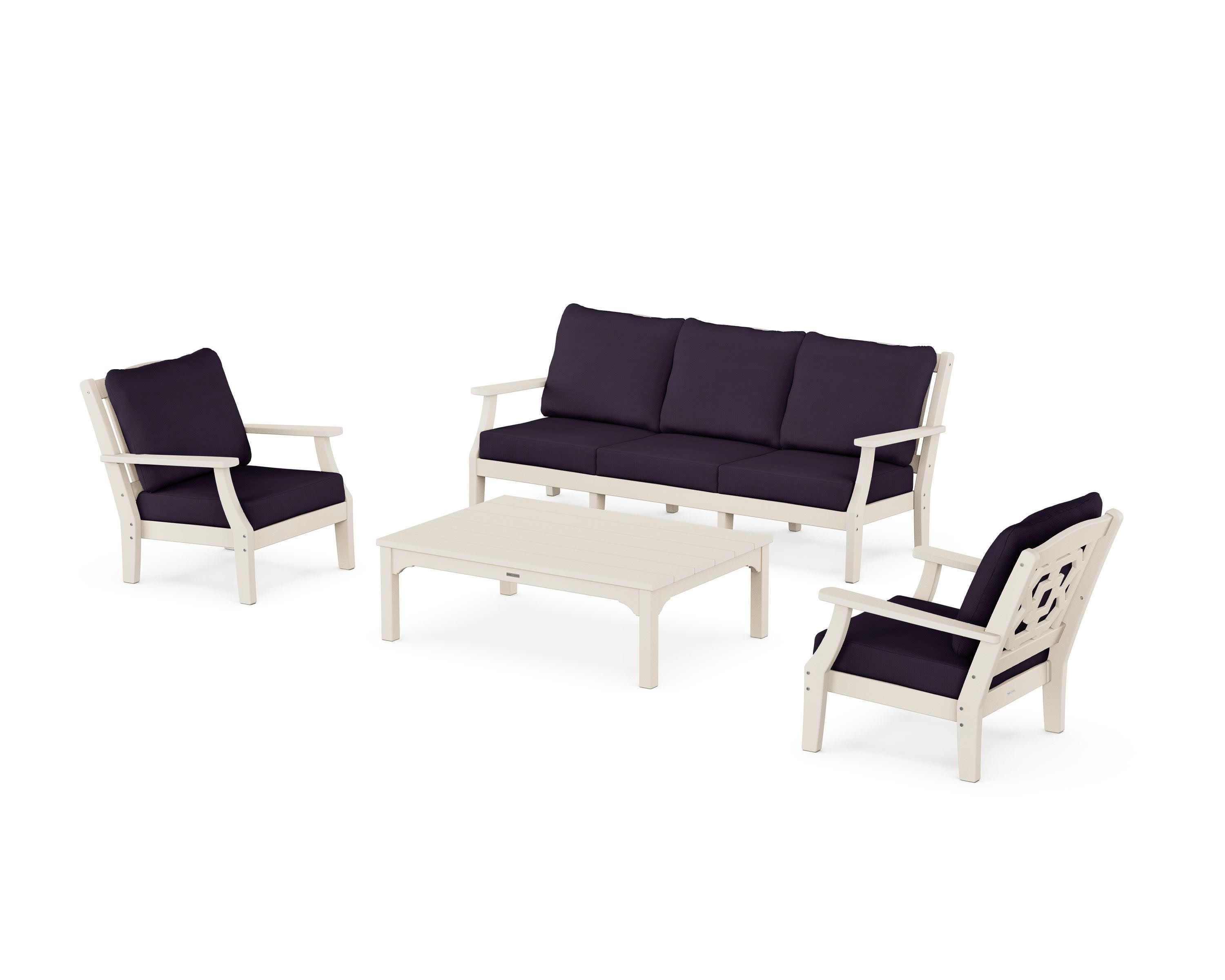 Chinoiserie 4-Piece Deep Seating Set with Sofa in Sand / Navy Linen