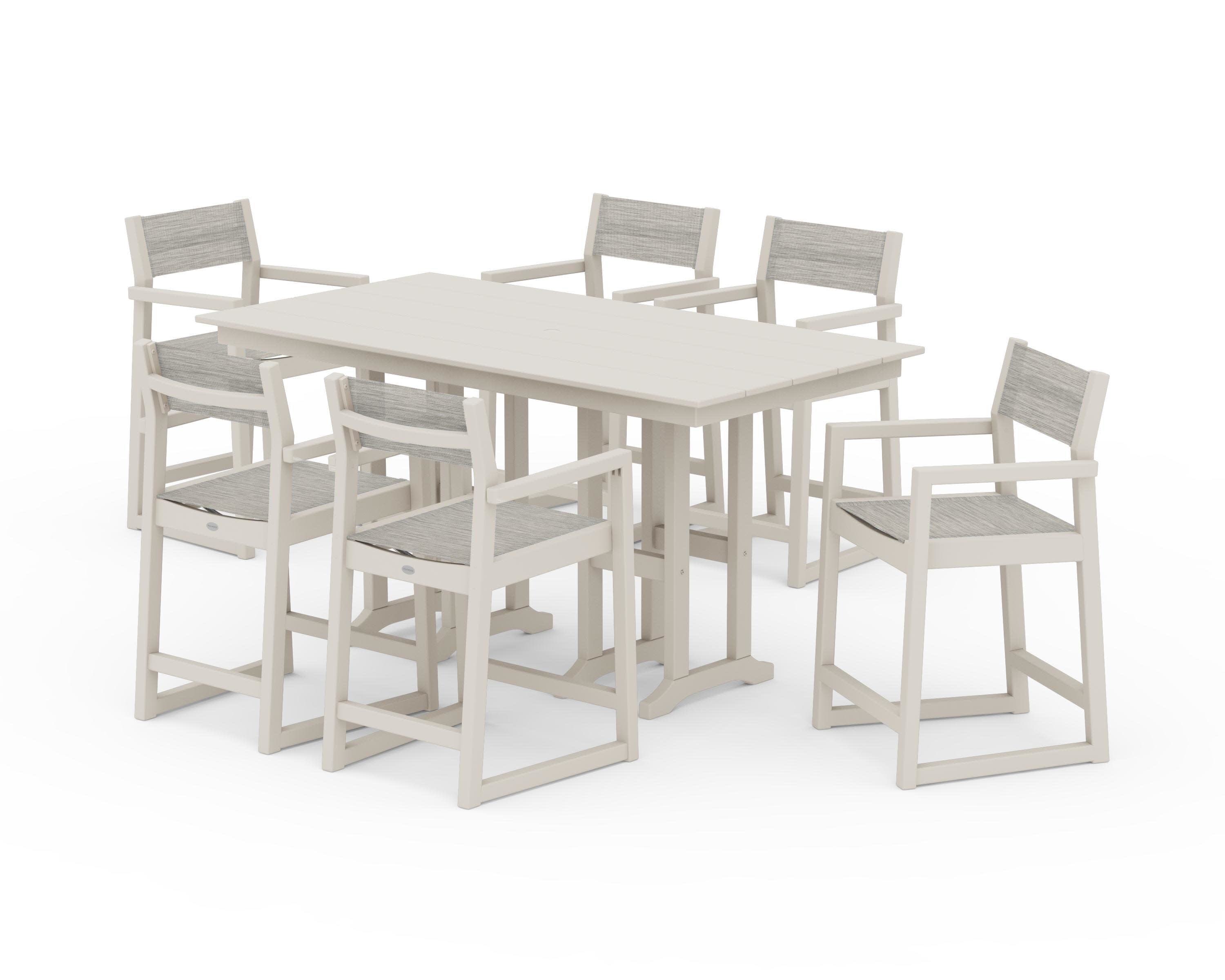 EDGE Sling Arm Chair 7-Piece Farmhouse Counter Set in Sand / Birch Sling