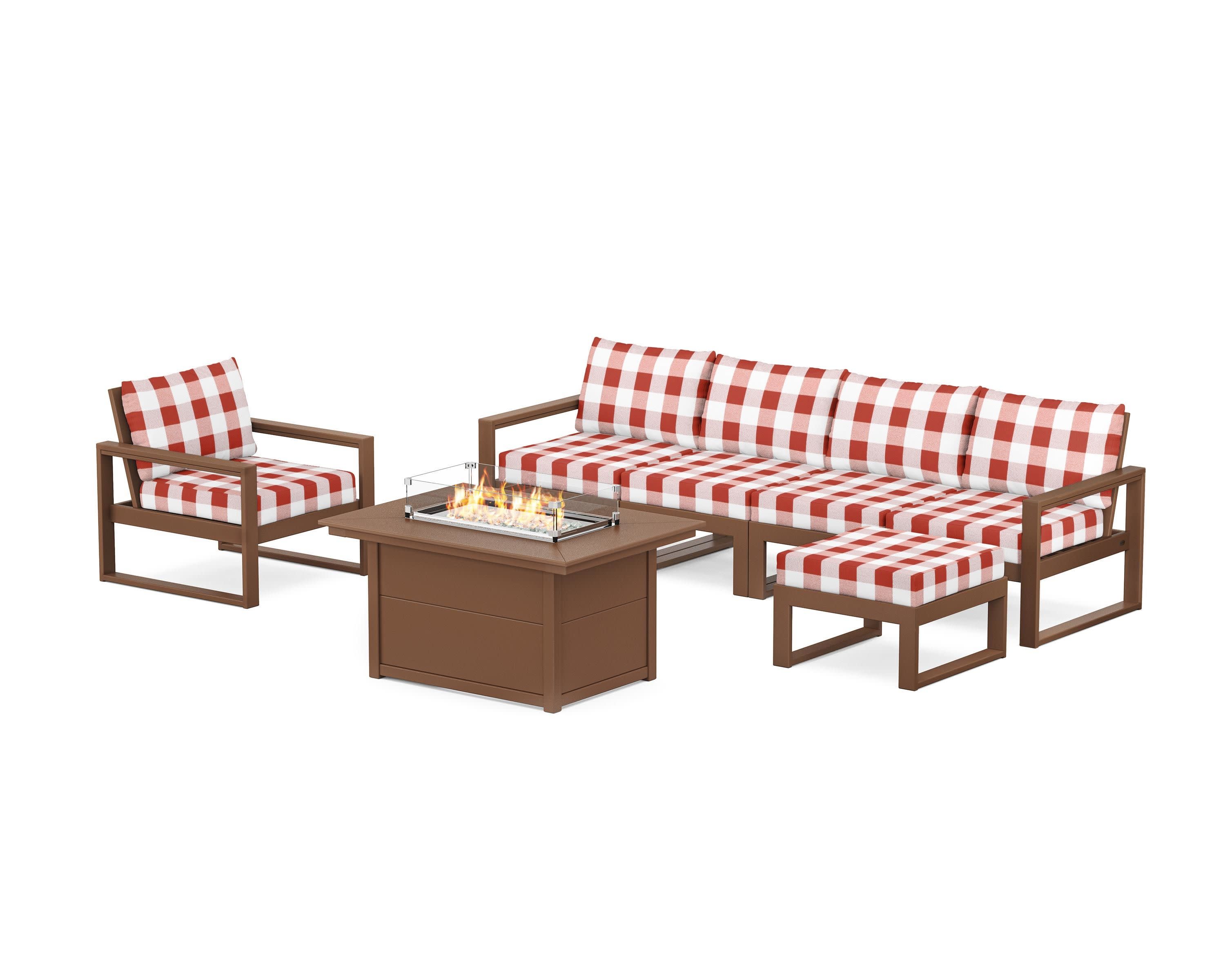 EDGE Sectional Lounge and Fire Pit Set in Teak / Buffalo Plaid Crimson