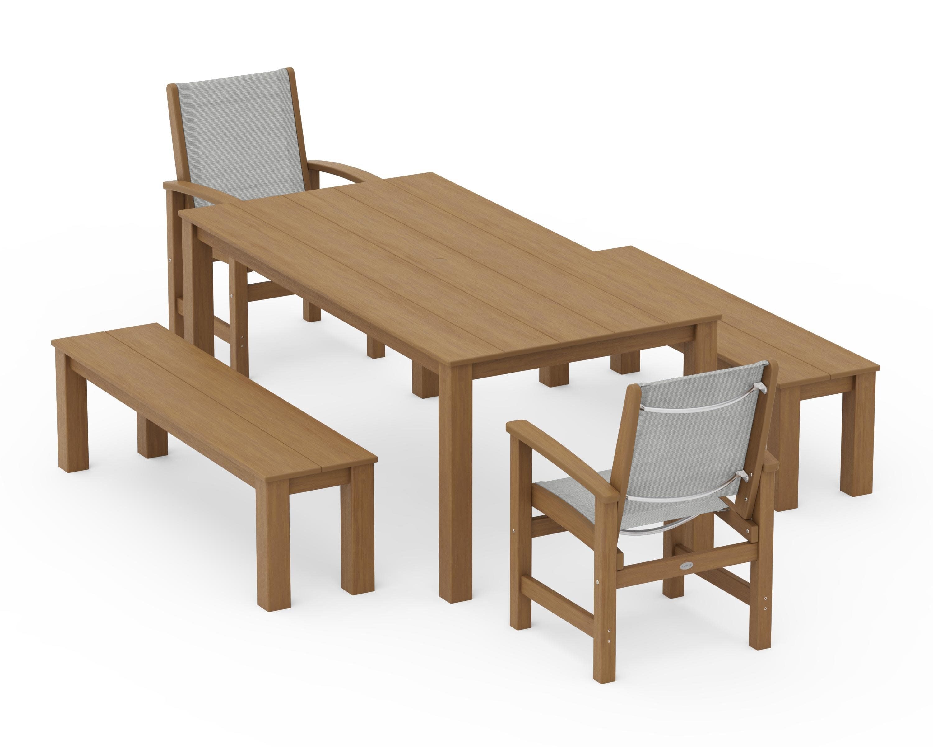 Coastal 5-Piece Parsons Dining Set with Benches in Natural / Metallic Sling
