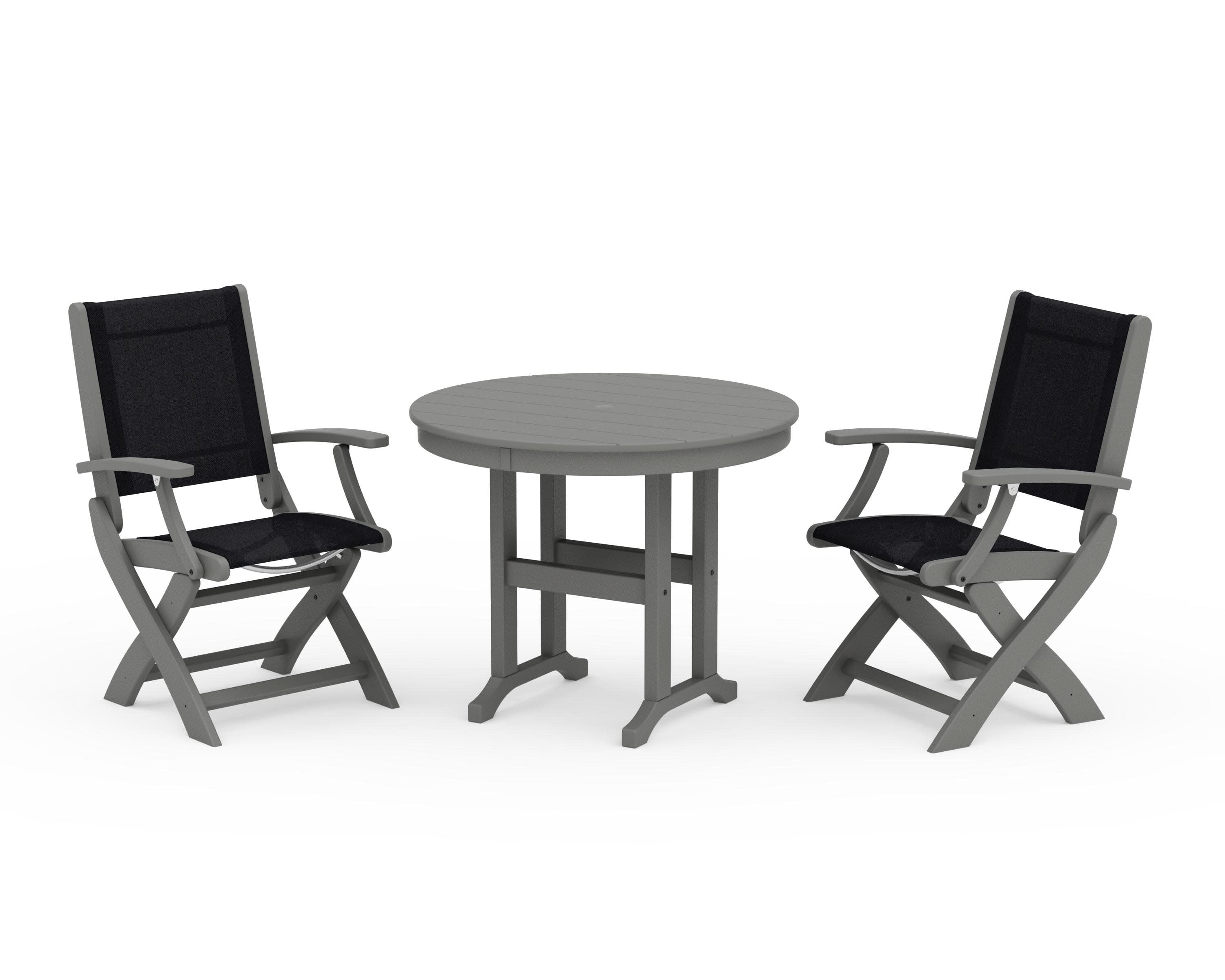Coastal Folding Chair 3-Piece Round Dining Set in Slate Grey / Black Sling