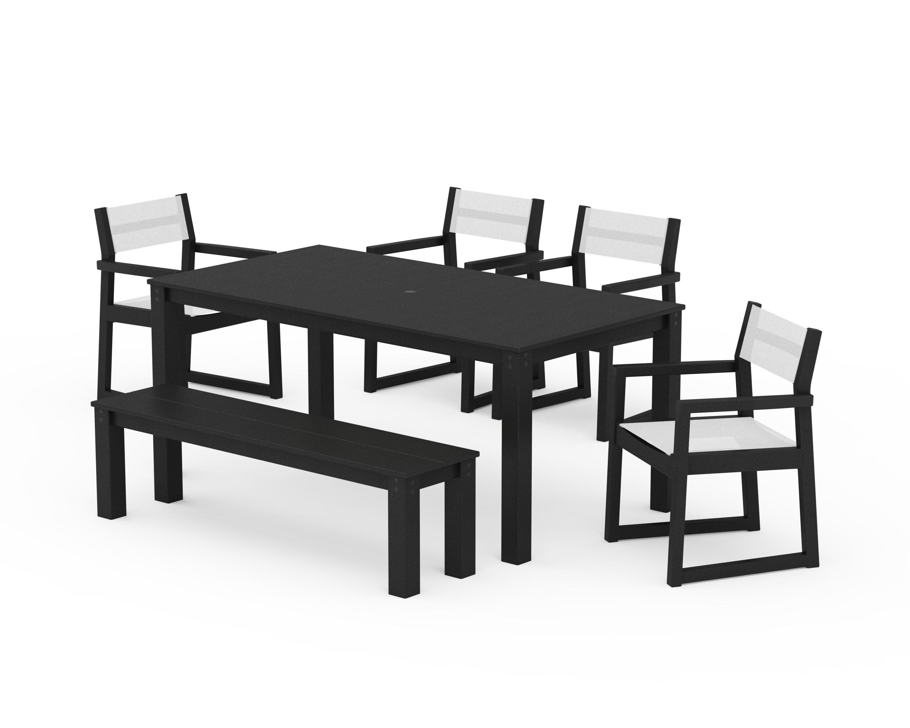 EDGE Sling Arm Chair 6-Piece Parsons Dining Set with Bench in Black / White Sling