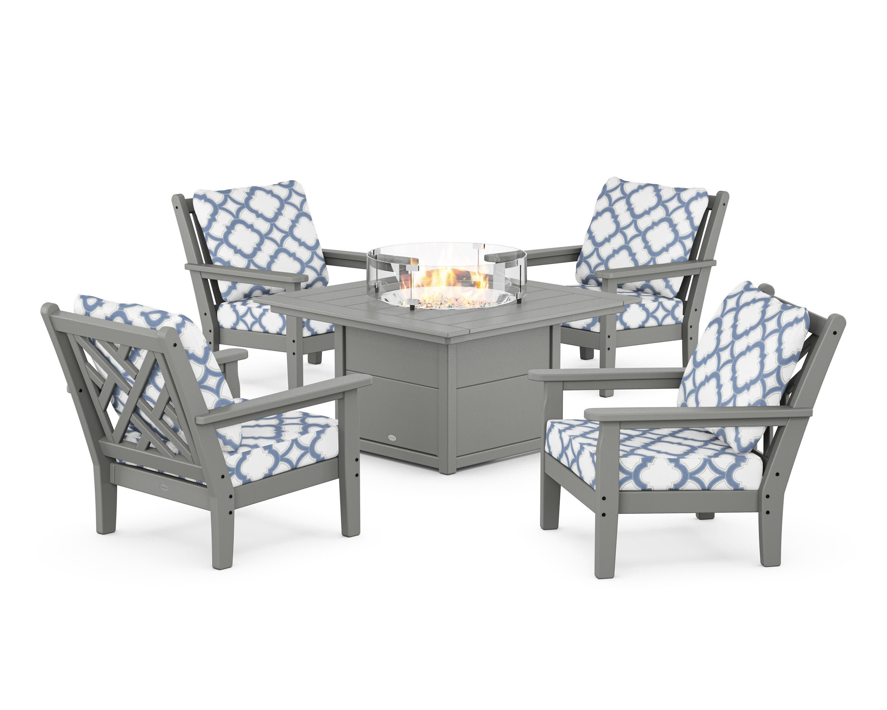 Chippendale 5-Piece Deep Seating Set with Fire Pit Table in Slate Grey / Trellis Sky Blue