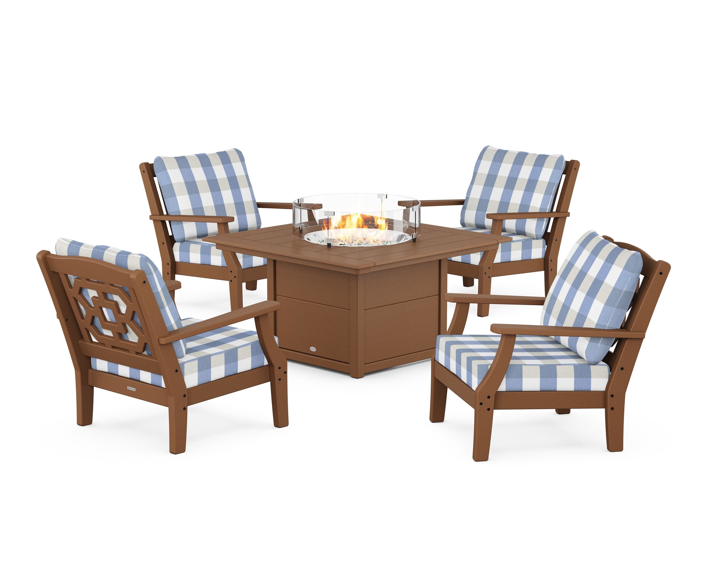 Chinoiserie 5-Piece Deep Seating Set with Fire Pit Table in Teak / Buffalo Plaid Sky Blue