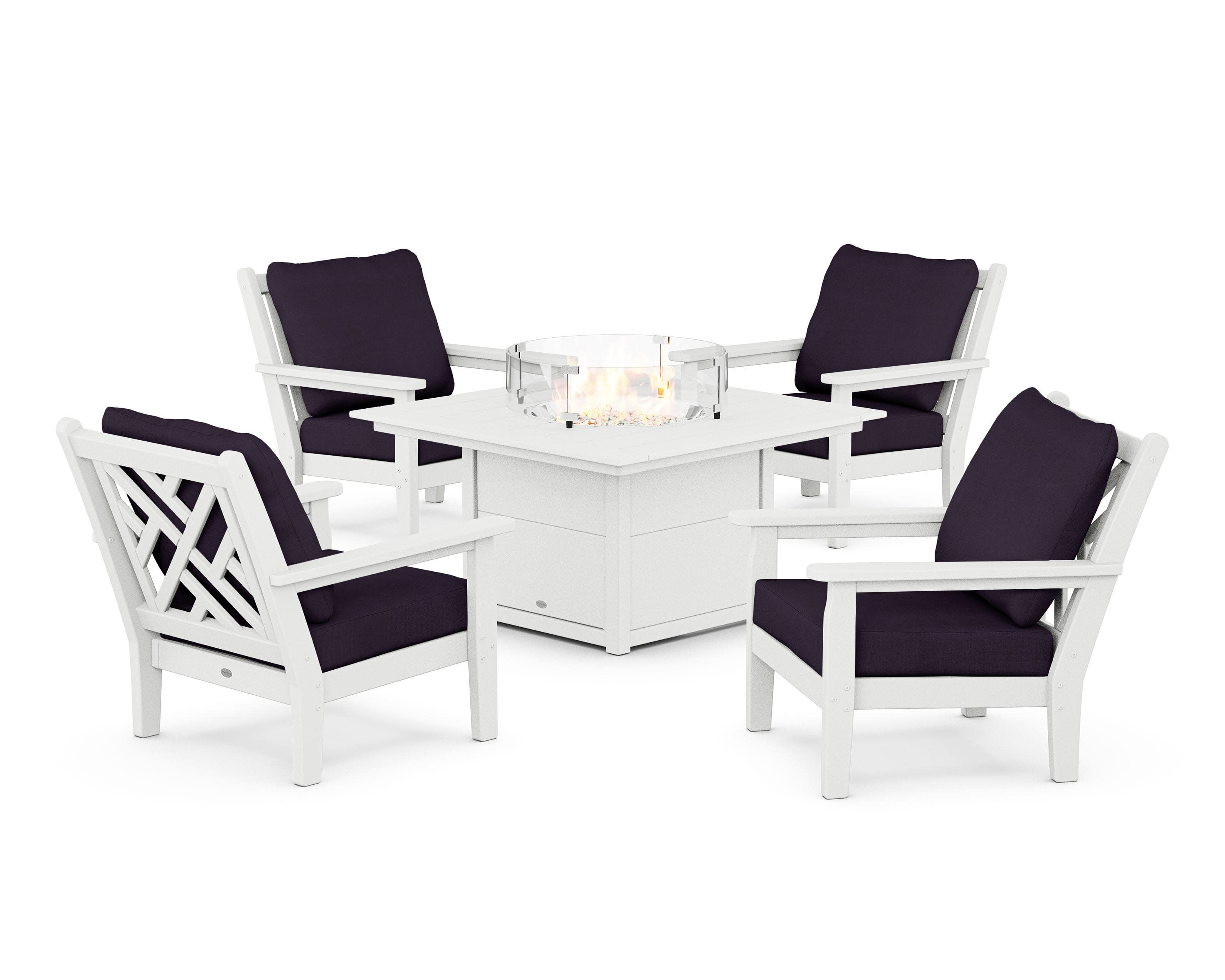 Chippendale 5-Piece Deep Seating Set with Fire Pit Table in White / Navy Linen