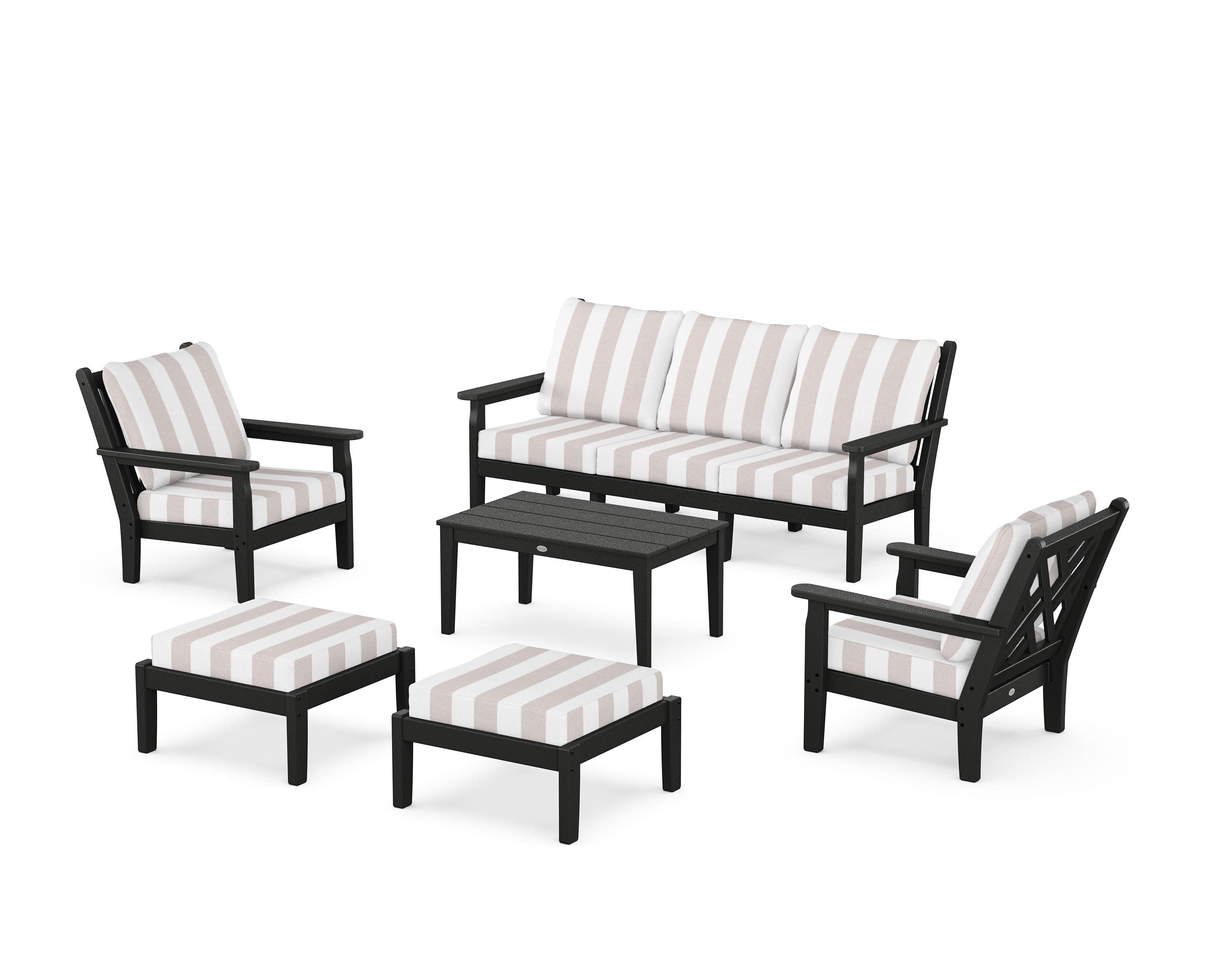 Chippendale 6-Piece Lounge Sofa Set in Black / Cabana Stripe Dune Burlap