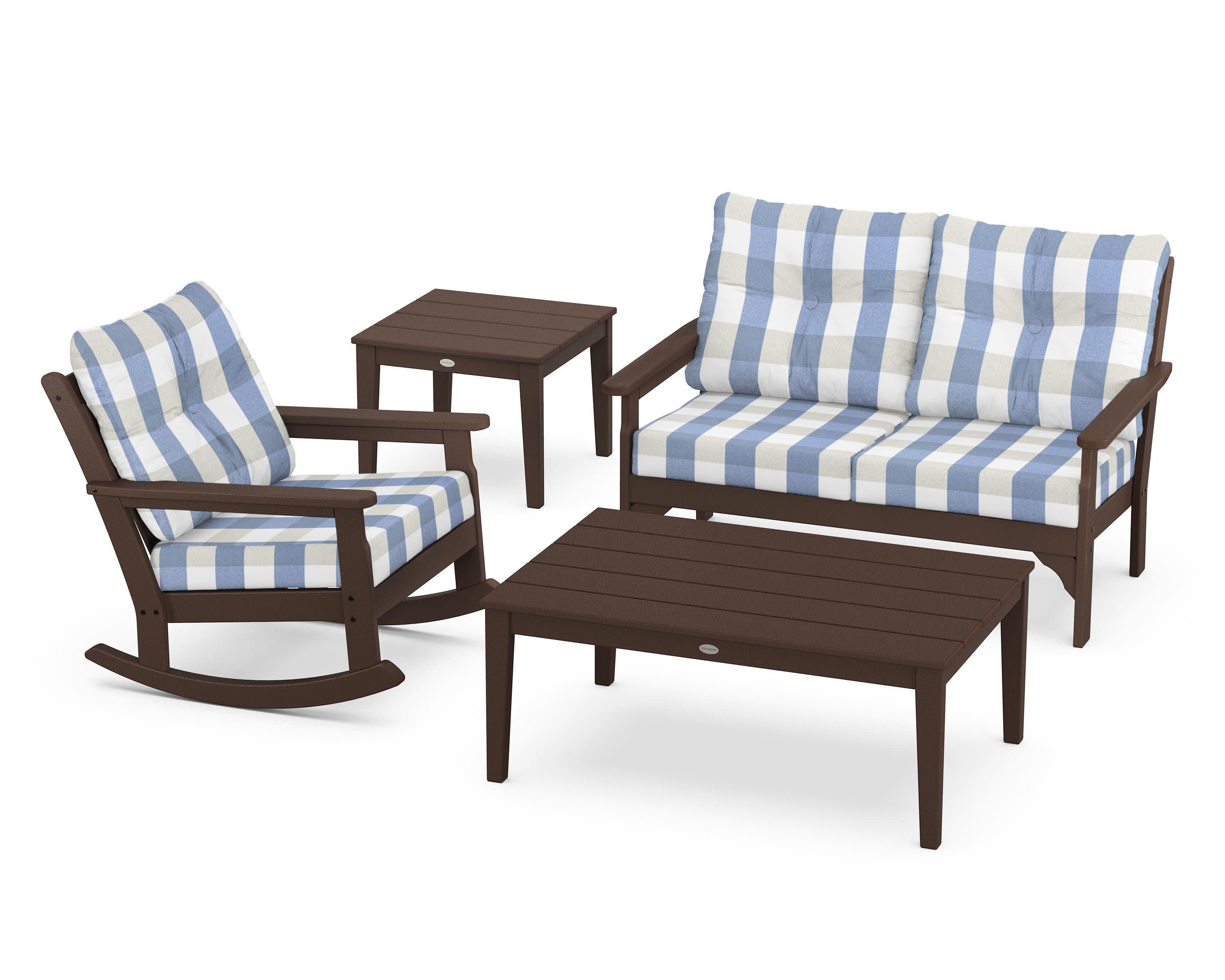 Vineyard 4-Piece Deep Seating Rocker Set in Mahogany / Buffalo Plaid Sky Blue