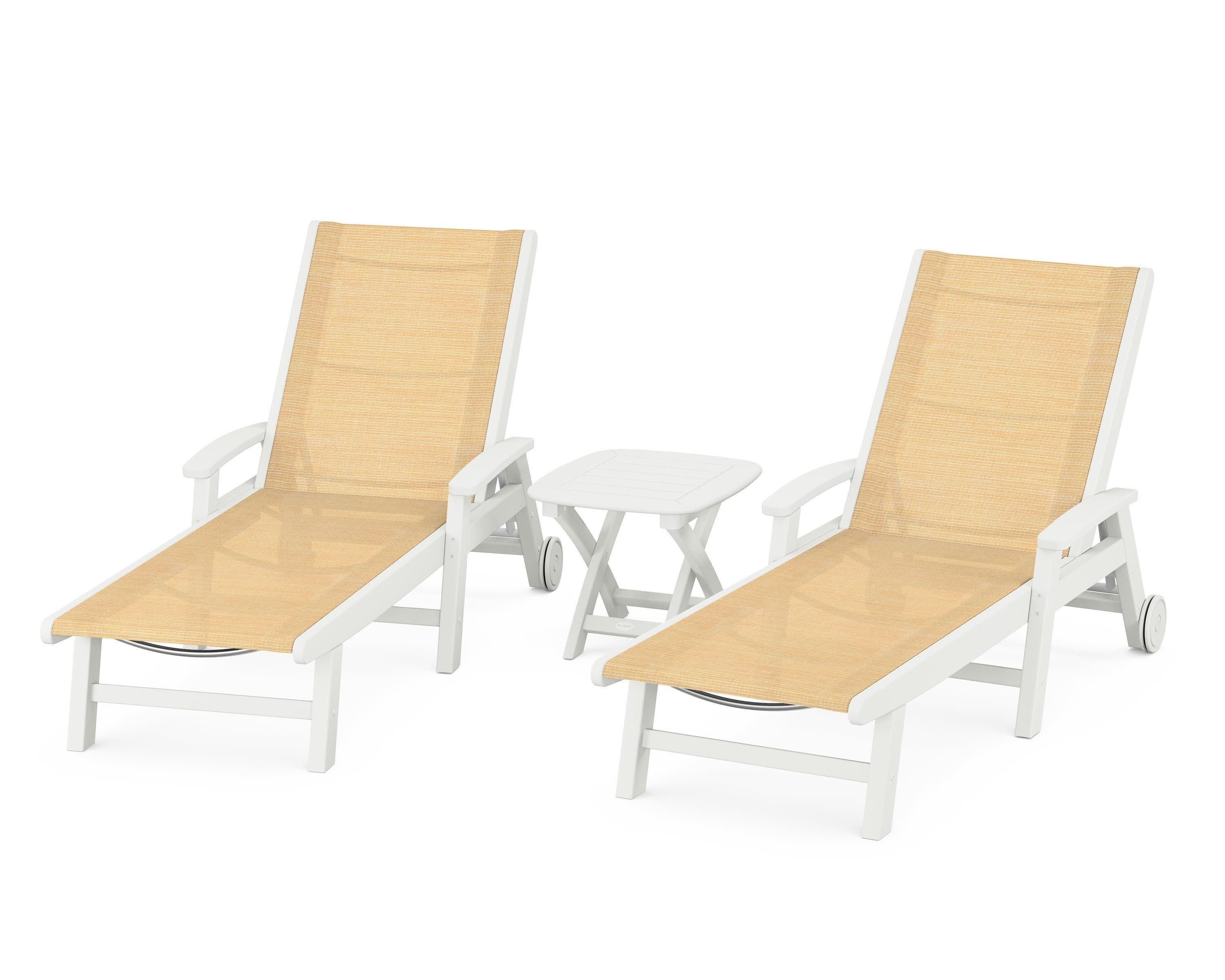 Coastal 3-Piece Wheeled Chaise Set in Vintage White / Dupioni Apricot Sling